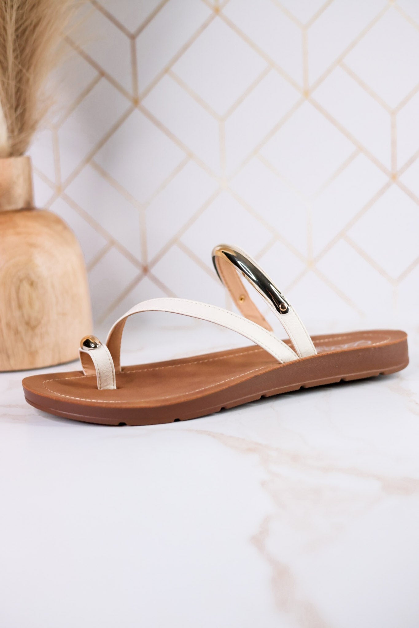 Hit The Strip Sandals With White Straps & Gold Accents - Whiskey Skies - CORKYS FOOTWEAR