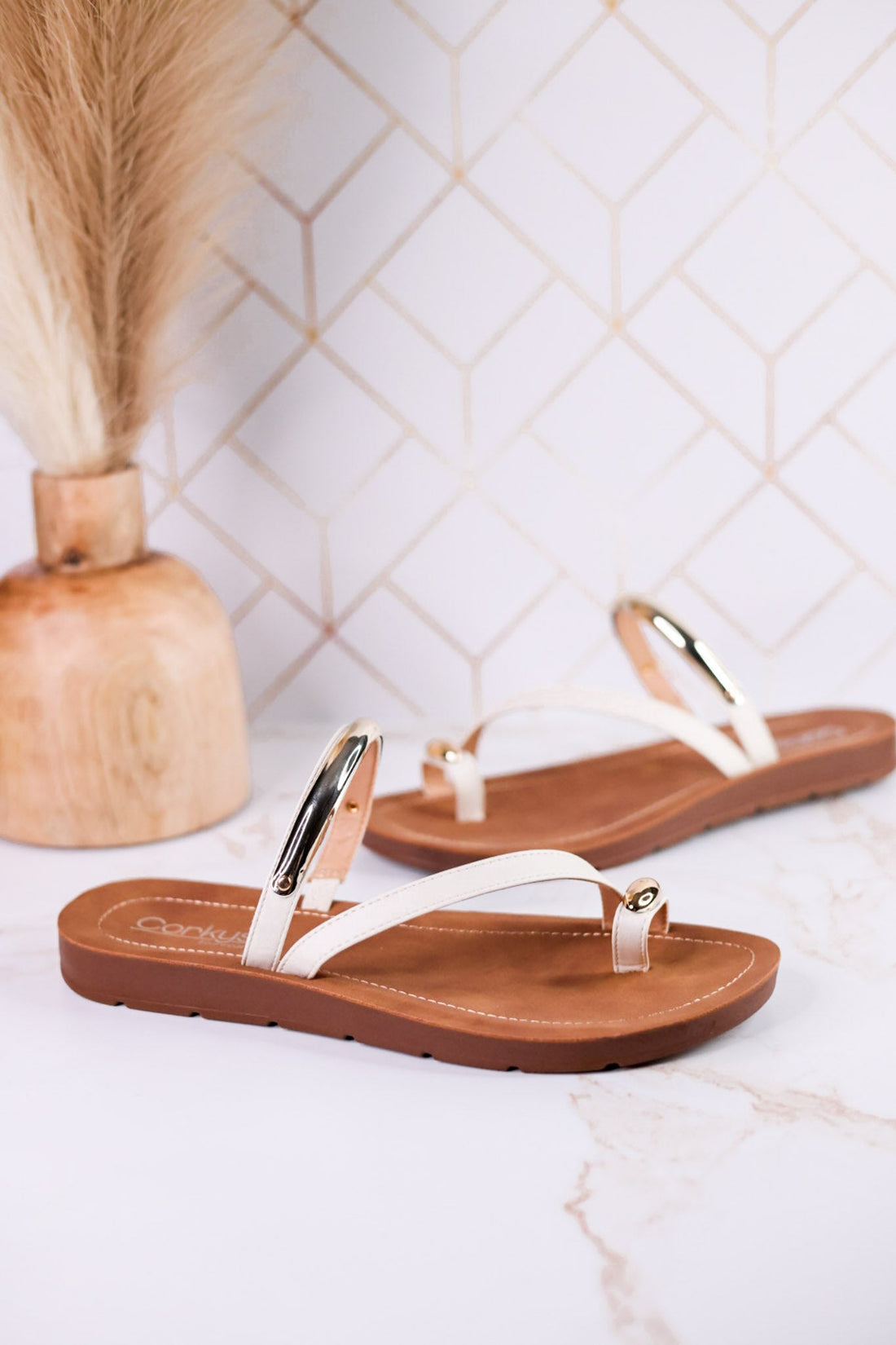 Hit The Strip Sandals With White Straps & Gold Accents - Whiskey Skies - CORKYS FOOTWEAR