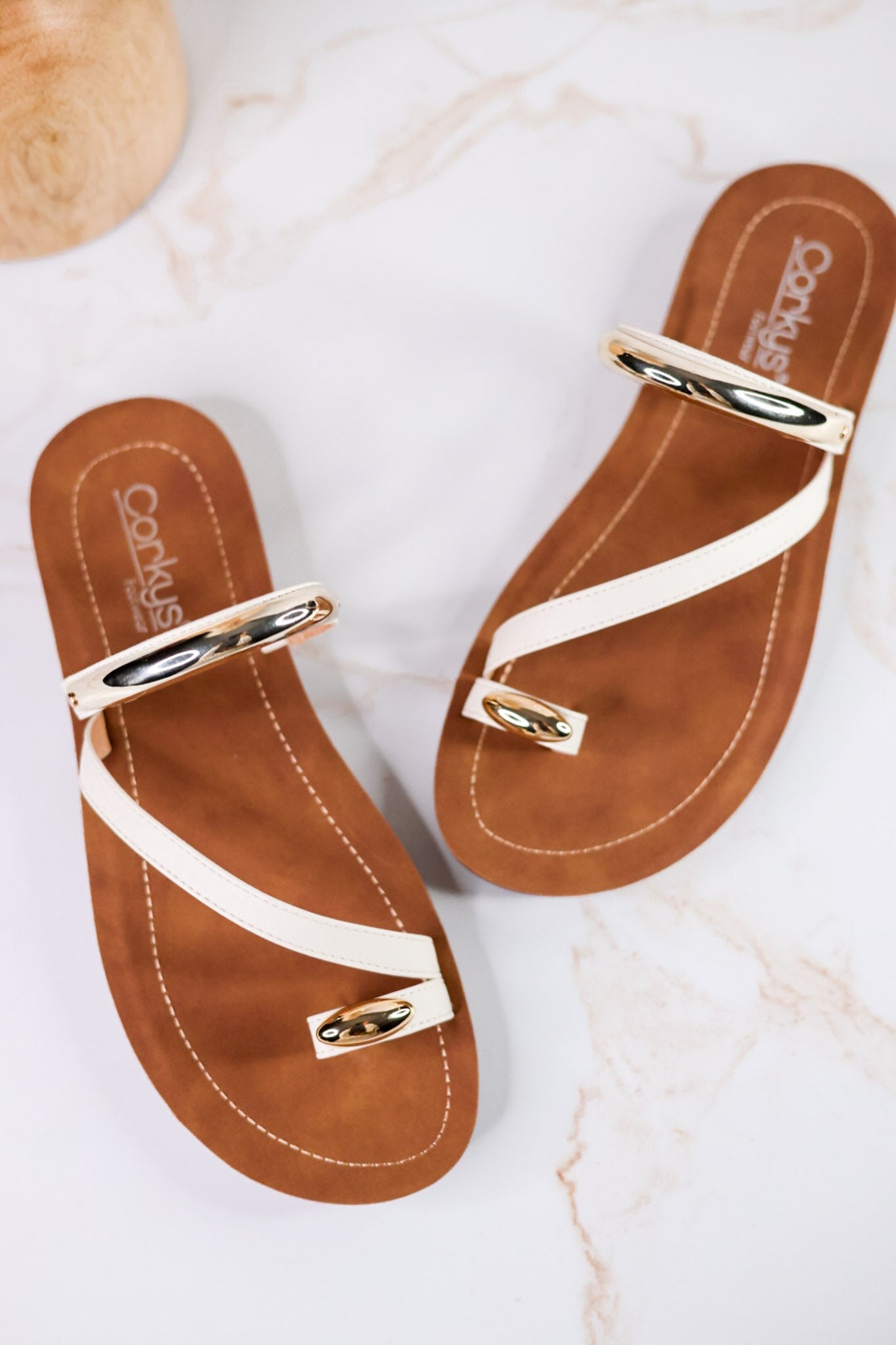 Hit The Strip Sandals With White Straps & Gold Accents - Whiskey Skies - CORKYS FOOTWEAR