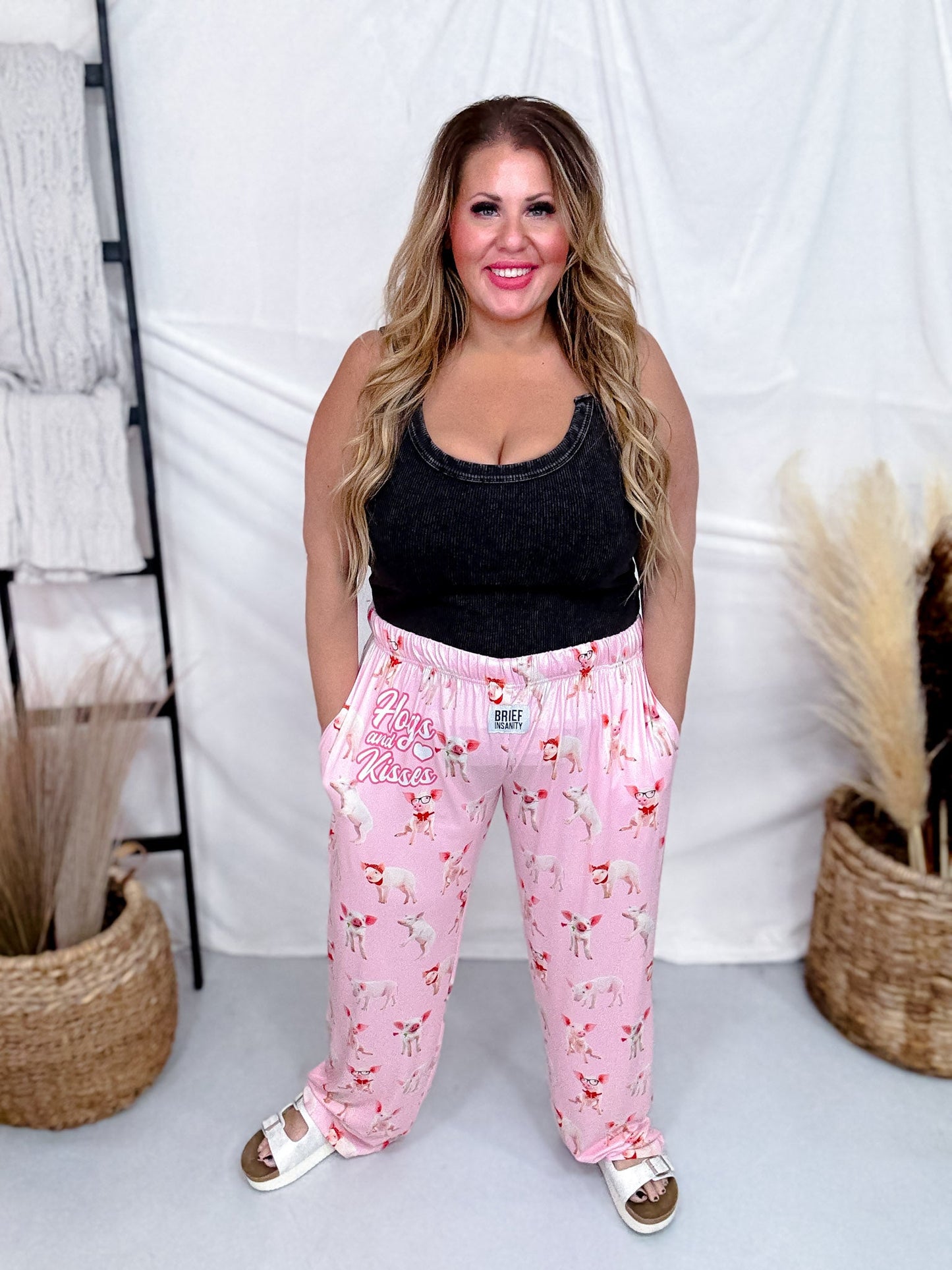 "Hogs & Kisses" Pink Loungewear Pig Print Pants - Whiskey Skies - BRIEF INSANITY