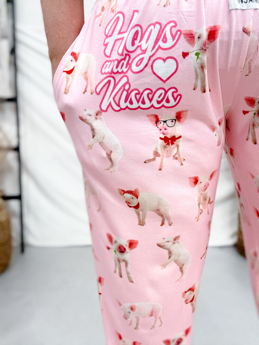 "Hogs & Kisses" Pink Loungewear Pig Print Pants - Whiskey Skies - BRIEF INSANITY