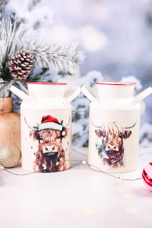 Holiday Highland Cow Metal Milk Cans (2 Styles) - Whiskey Skies - SPECIAL T IMPORTS INC