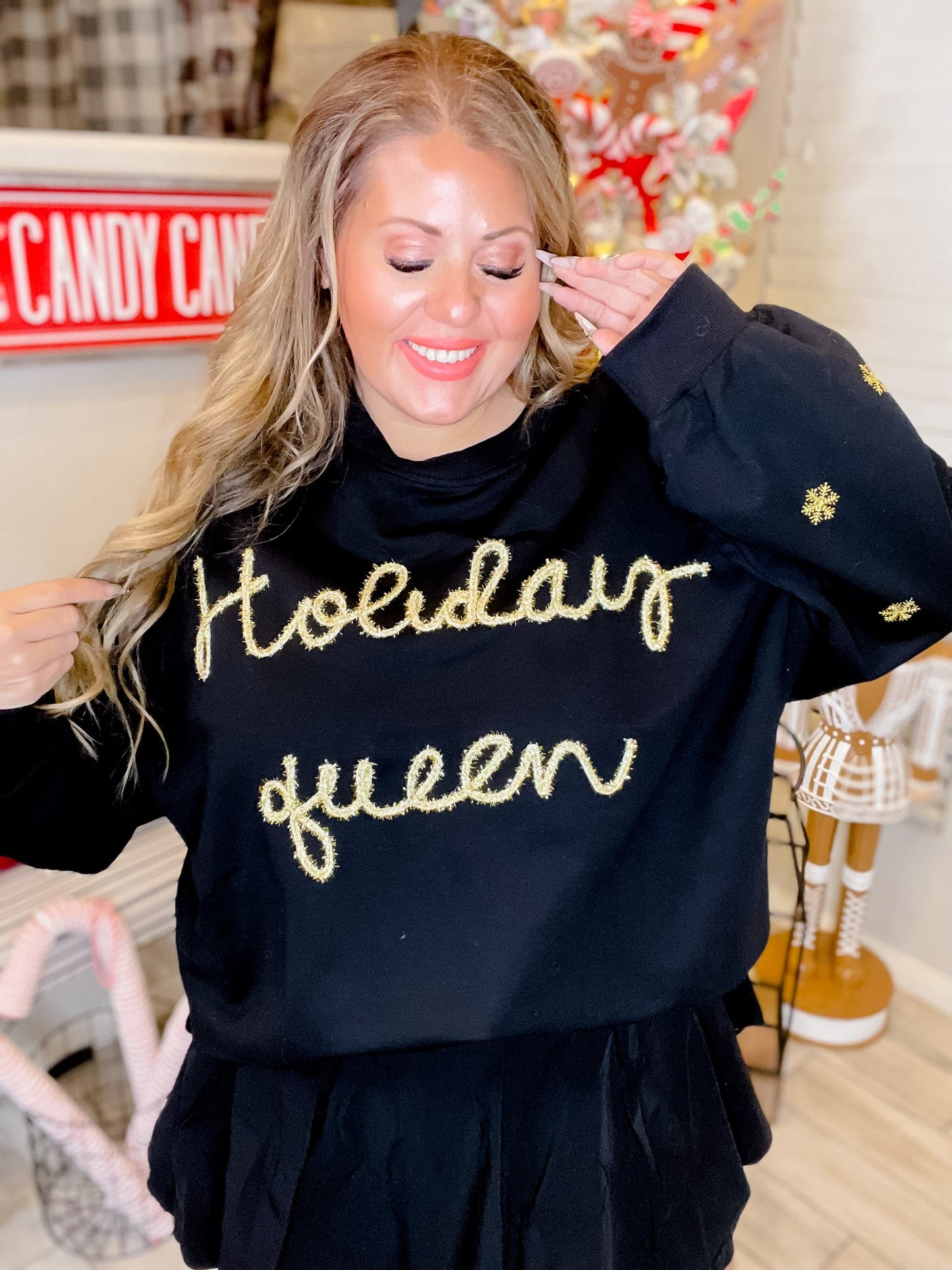 Holiday Queen Black Sweater with Gold Snowflakes - Whiskey Skies - ODDI