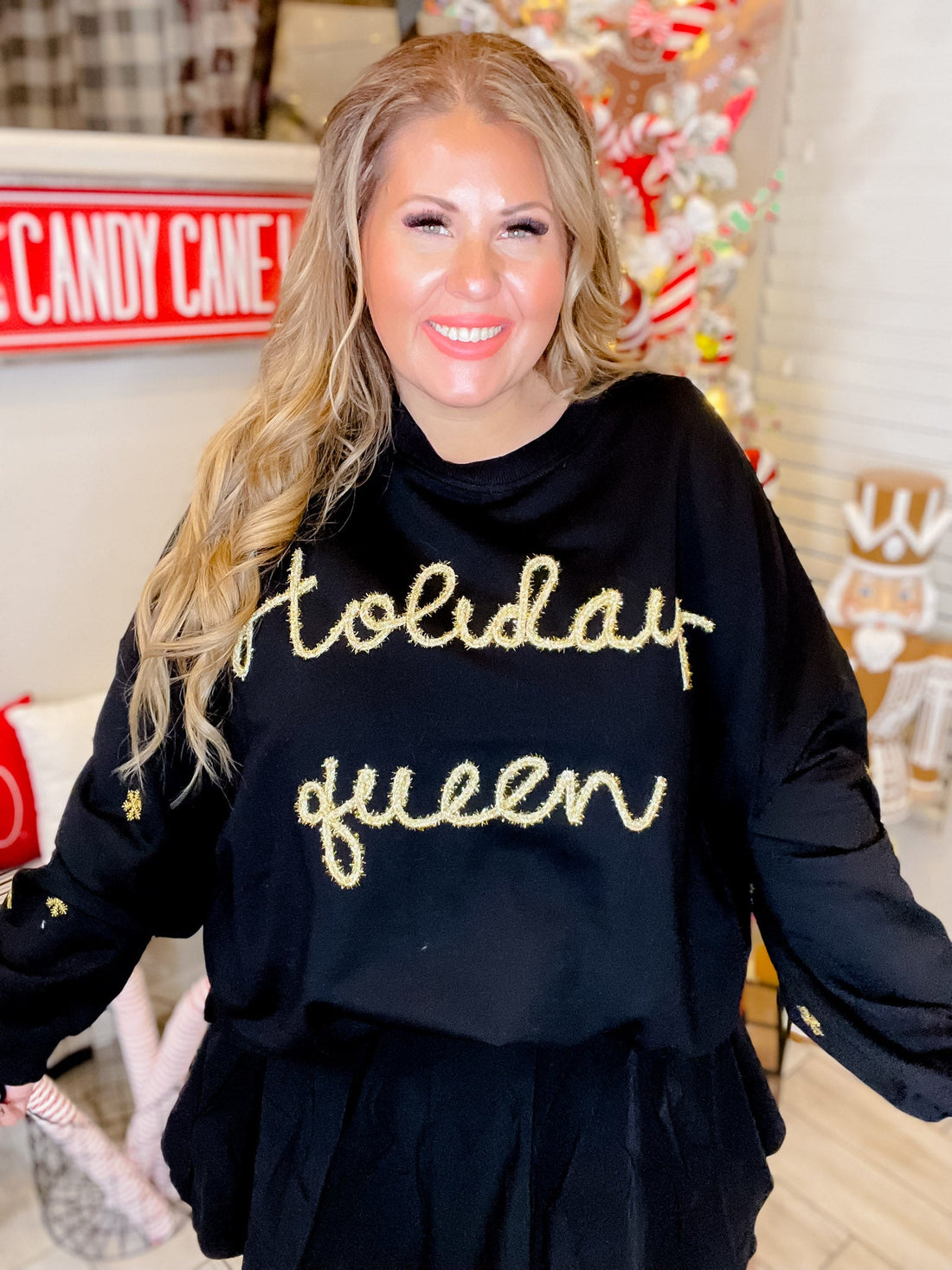 Holiday Queen Black Sweater with Gold Snowflakes - Whiskey Skies - ODDI