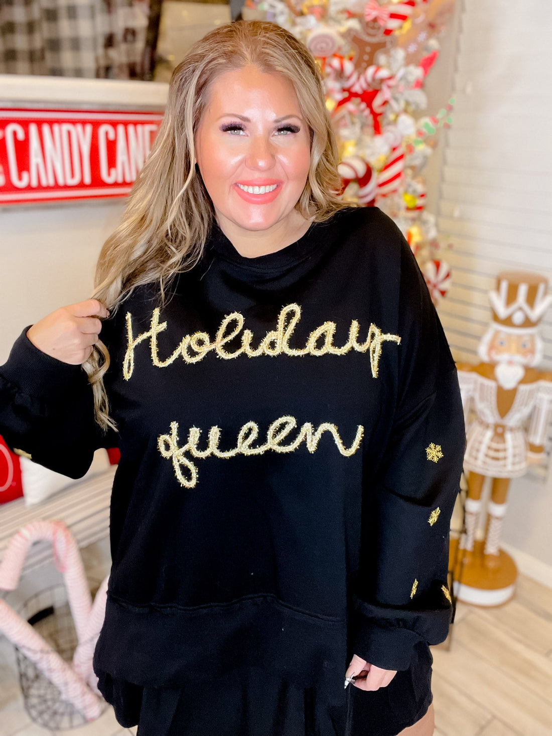 Holiday Queen Black Sweater with Gold Snowflakes - Whiskey Skies - ODDI