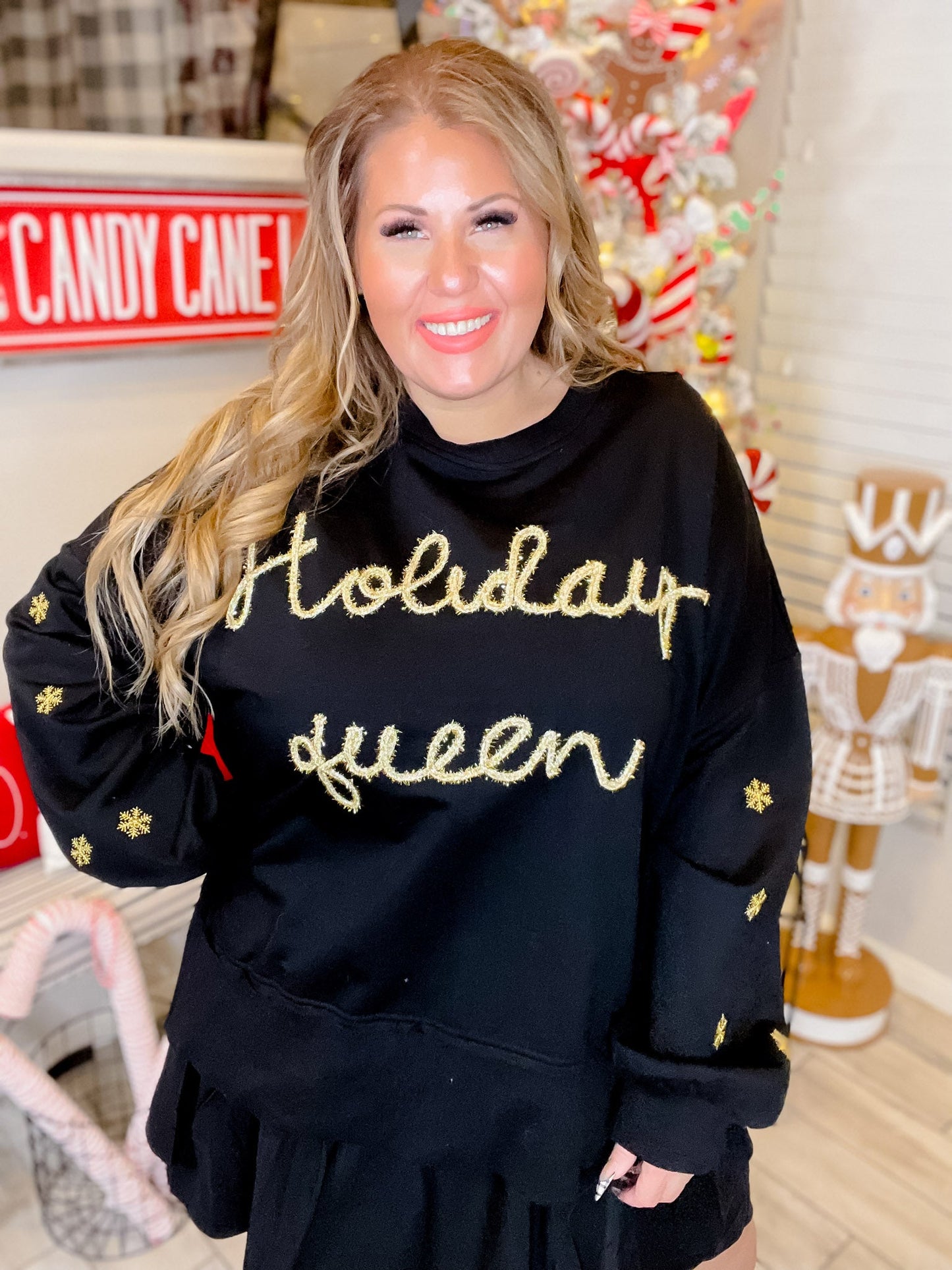 Holiday Queen Black Sweater with Gold Snowflakes - Whiskey Skies - ODDI