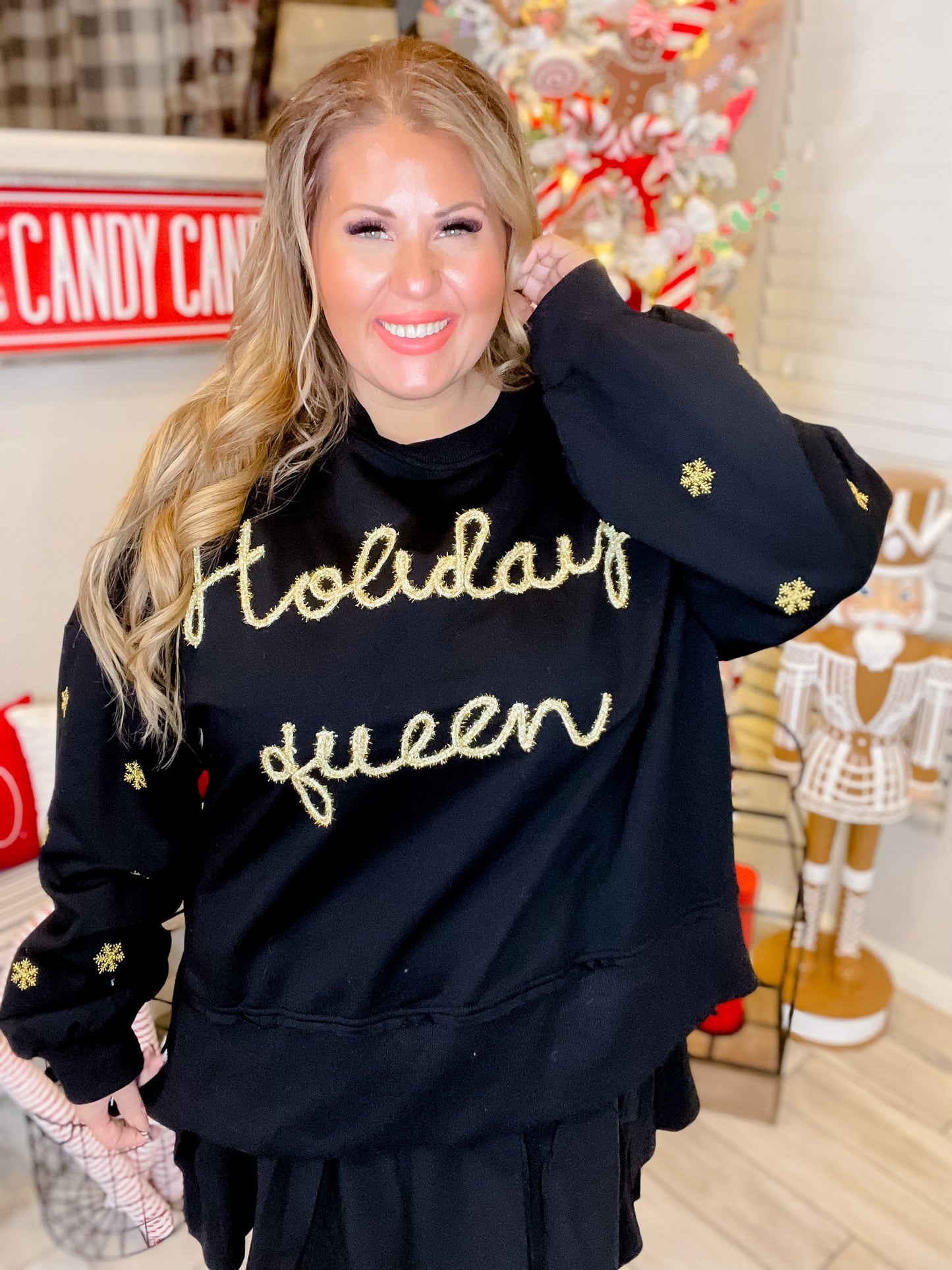 Holiday Queen Black Sweater with Gold Snowflakes - Whiskey Skies - ODDI