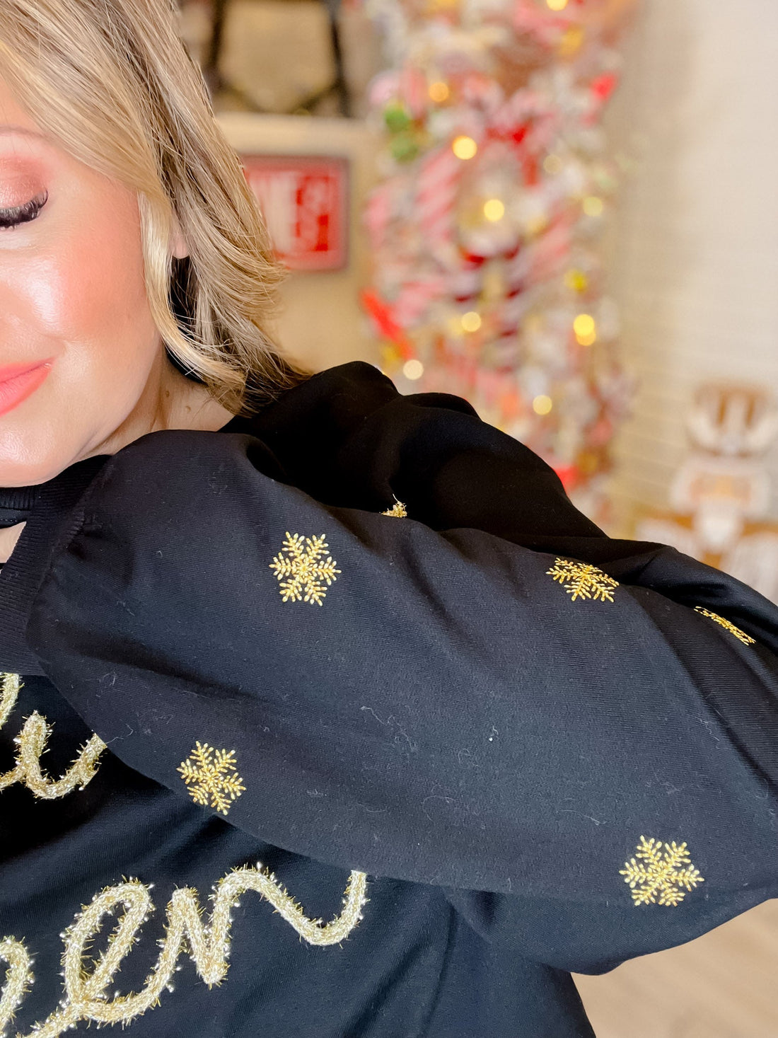 Holiday Queen Black Sweater with Gold Snowflakes - Whiskey Skies - ODDI