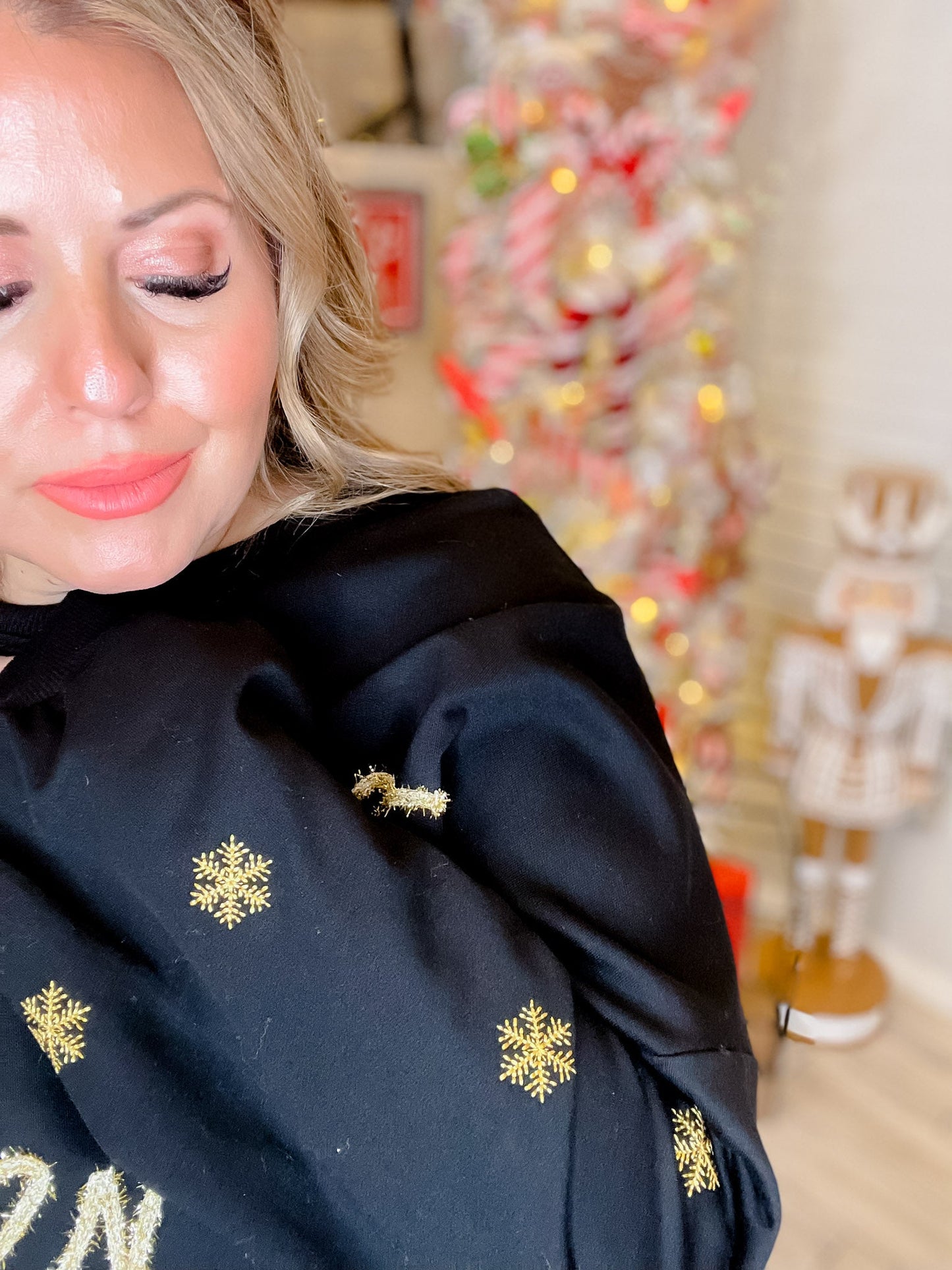 Holiday Queen Black Sweater with Gold Snowflakes - Whiskey Skies - ODDI