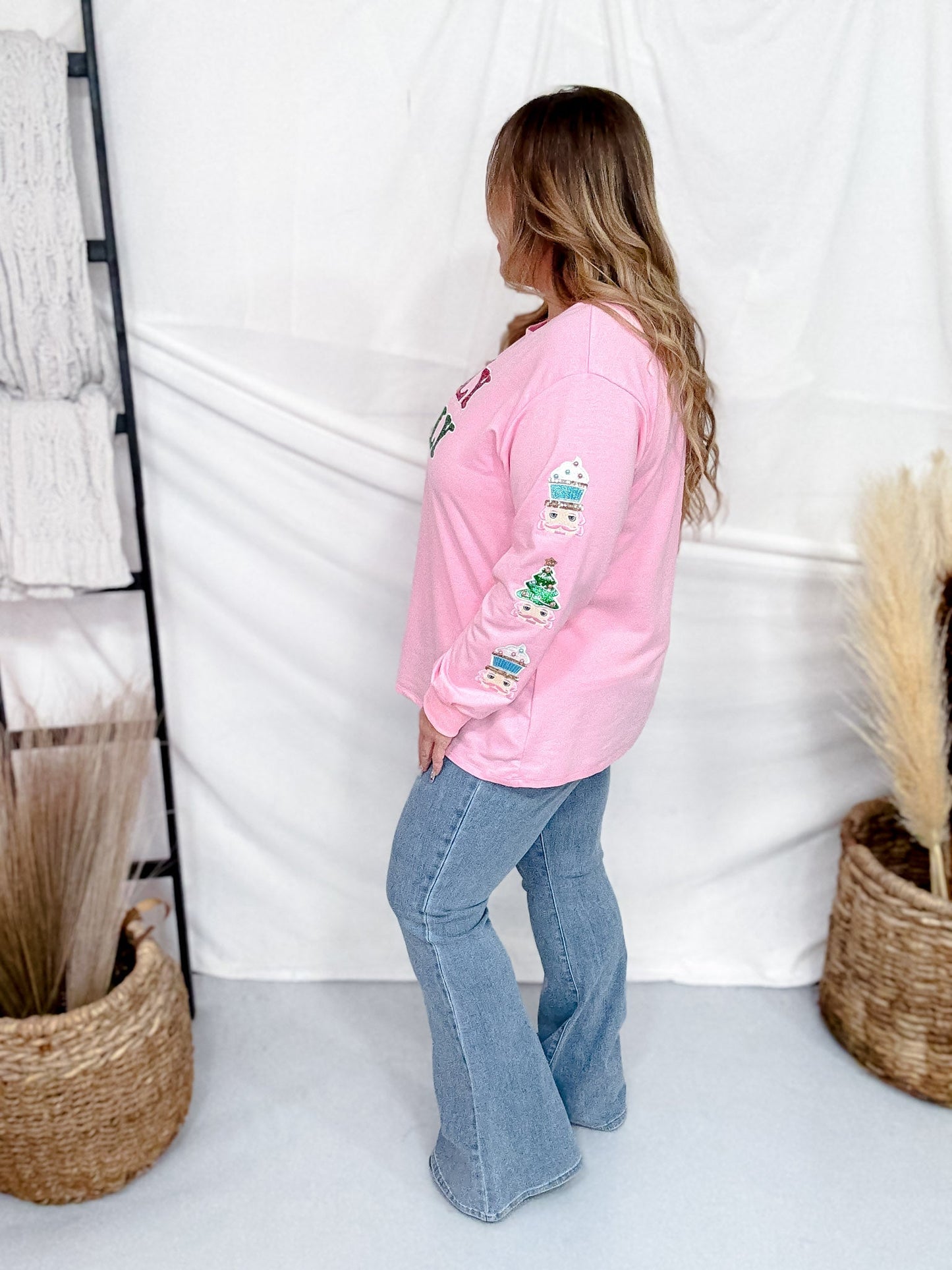 "Holly Jolly" Pink Sweatshirt With Sequin Accents - Whiskey Skies - SOUTHERN GRACE