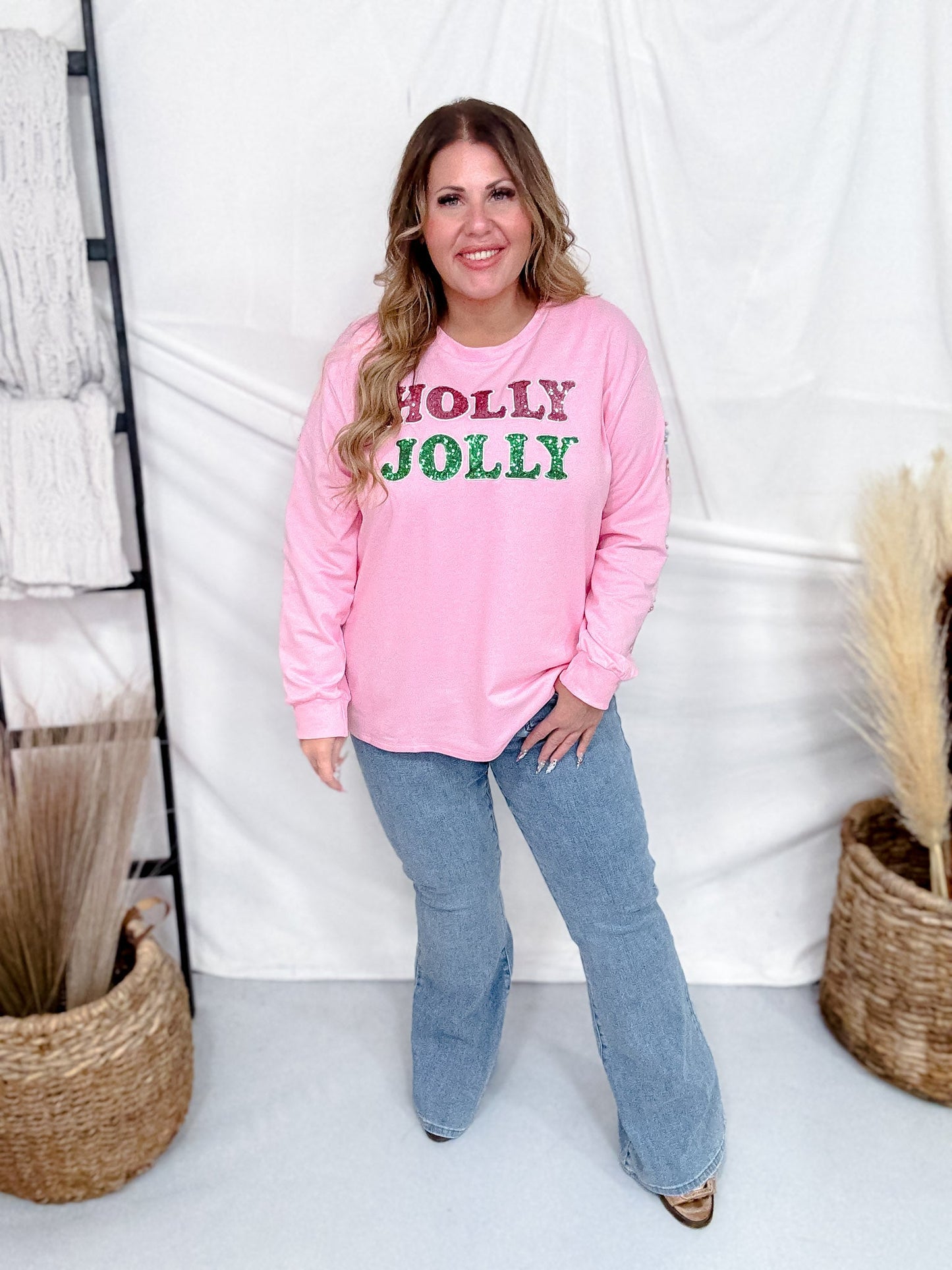 "Holly Jolly" Pink Sweatshirt With Sequin Accents - Whiskey Skies - SOUTHERN GRACE