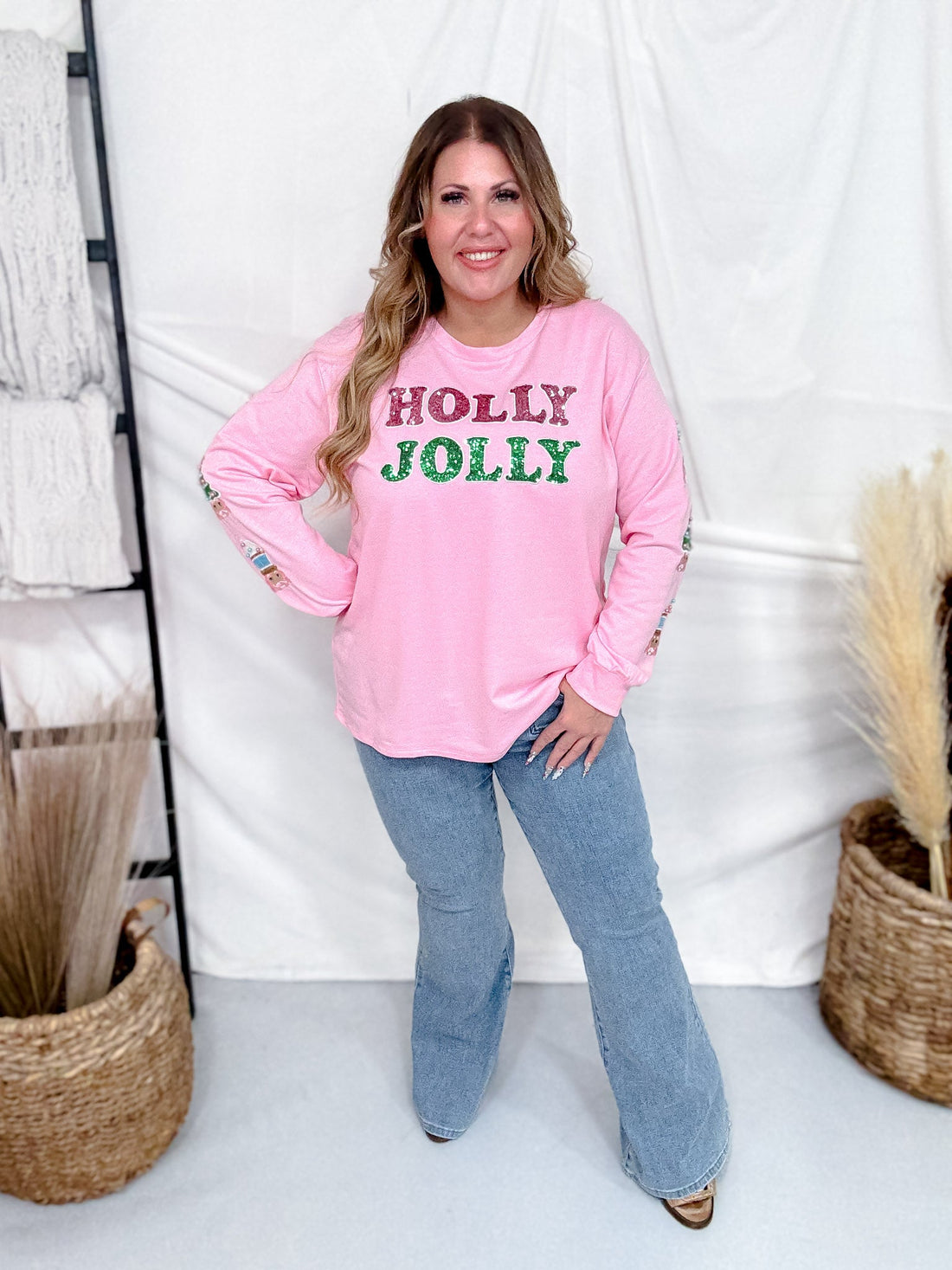 "Holly Jolly" Pink Sweatshirt With Sequin Accents - Whiskey Skies - SOUTHERN GRACE