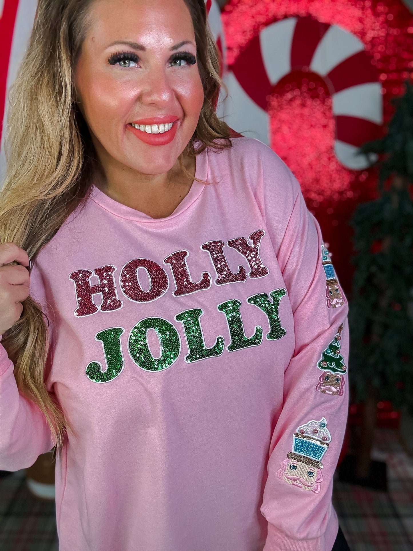 "Holly Jolly" Pink Sweatshirt With Sequin Accents - Whiskey Skies - SOUTHERN GRACE