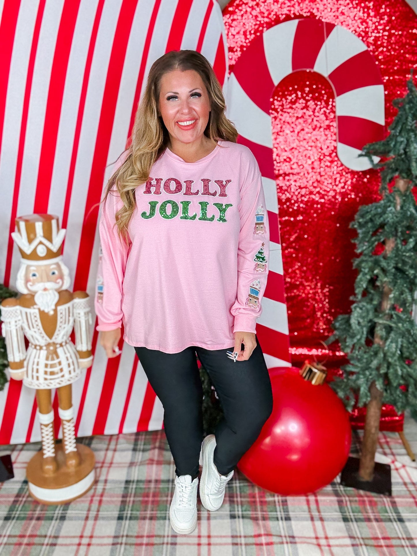 "Holly Jolly" Pink Sweatshirt With Sequin Accents - Whiskey Skies - SOUTHERN GRACE