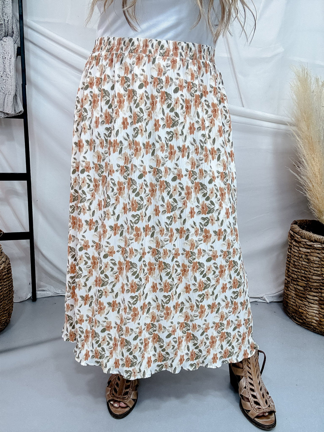 Honey Grove Textured Midi Skirt With Elastic Waist - Whiskey Skies - MIKAROSE