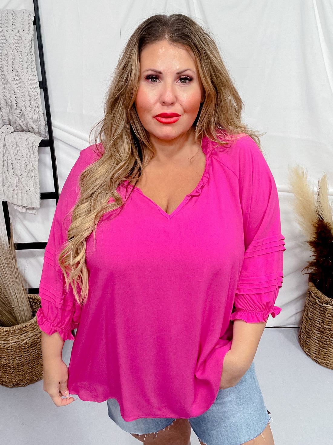 Hot Pink 3/4 Puff Sleeve Top - Whiskey Skies - ANDREE BY UNIT