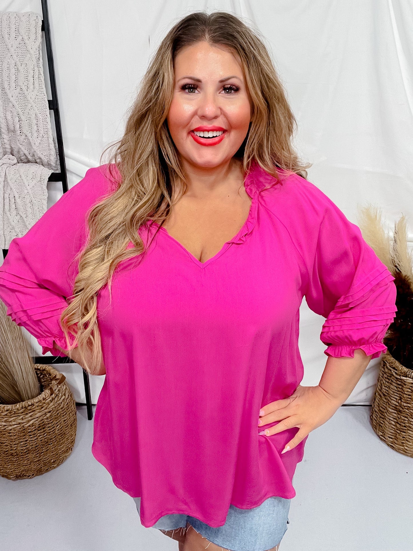 Hot Pink 3/4 Puff Sleeve Top - Whiskey Skies - ANDREE BY UNIT