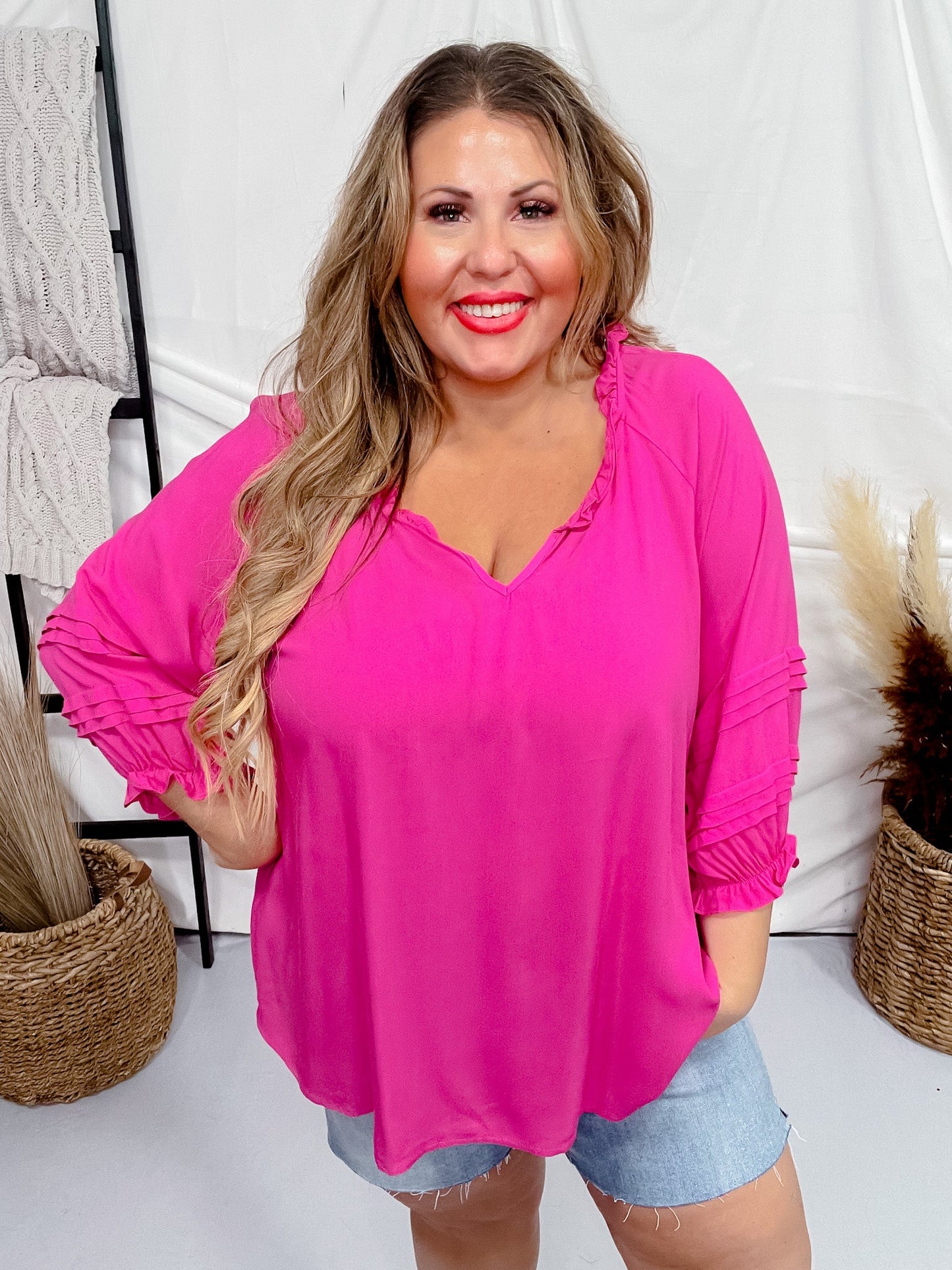 Hot Pink 3/4 Puff Sleeve Top - Whiskey Skies - ANDREE BY UNIT