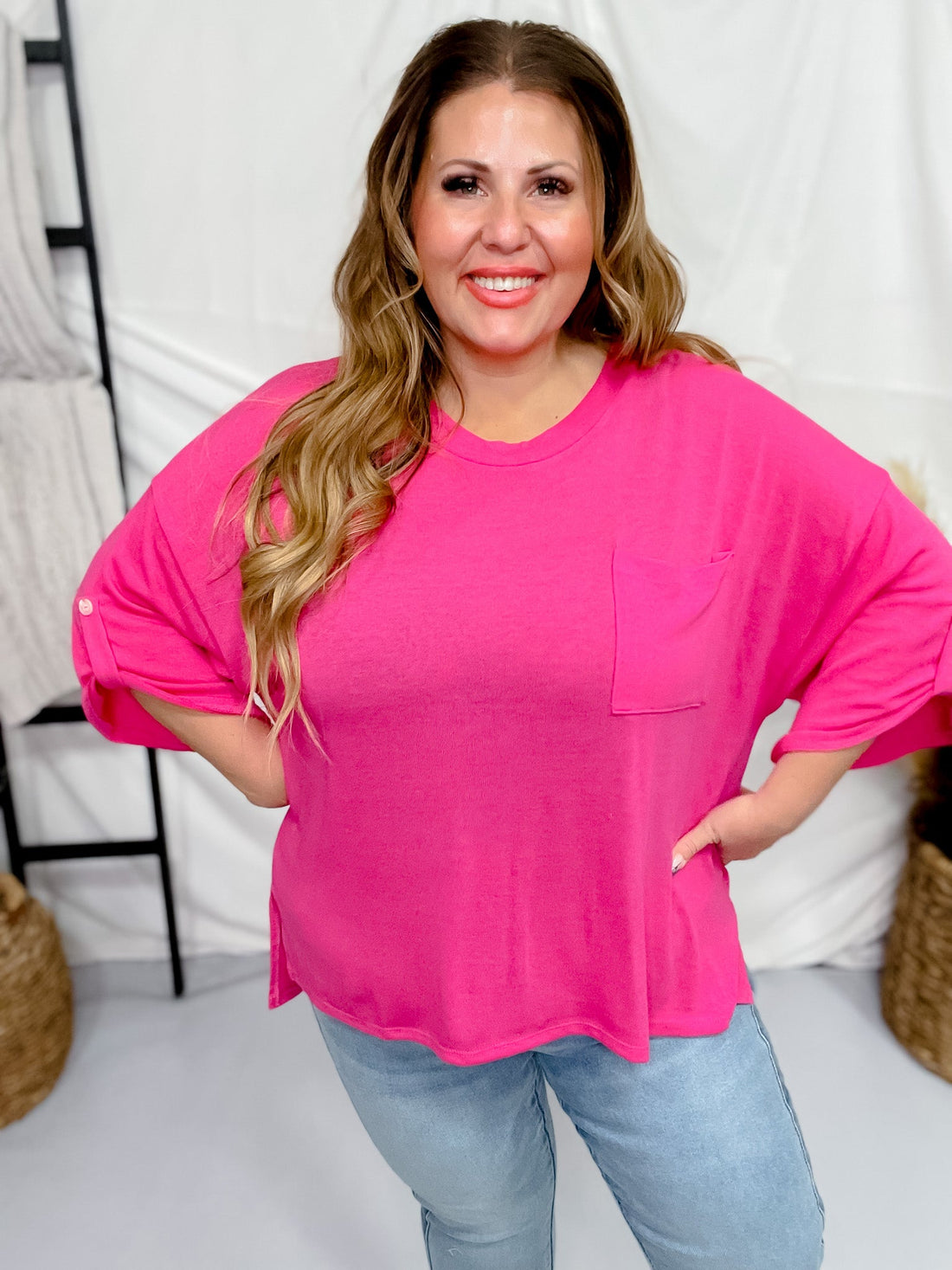 Hot Pink 3/4 Sleeve Boxy Top - Whiskey Skies - ANDREE BY UNIT