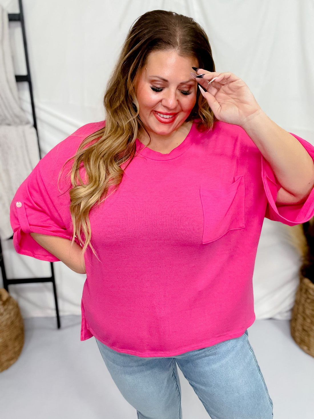 Hot Pink 3/4 Sleeve Boxy Top - Whiskey Skies - ANDREE BY UNIT