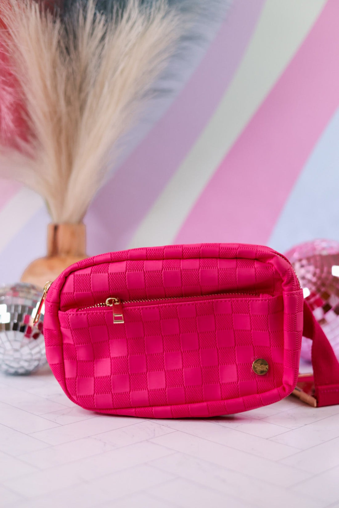 Hot Pink Checkered Belt Bag - Whiskey Skies - THE DARLING EFFECT