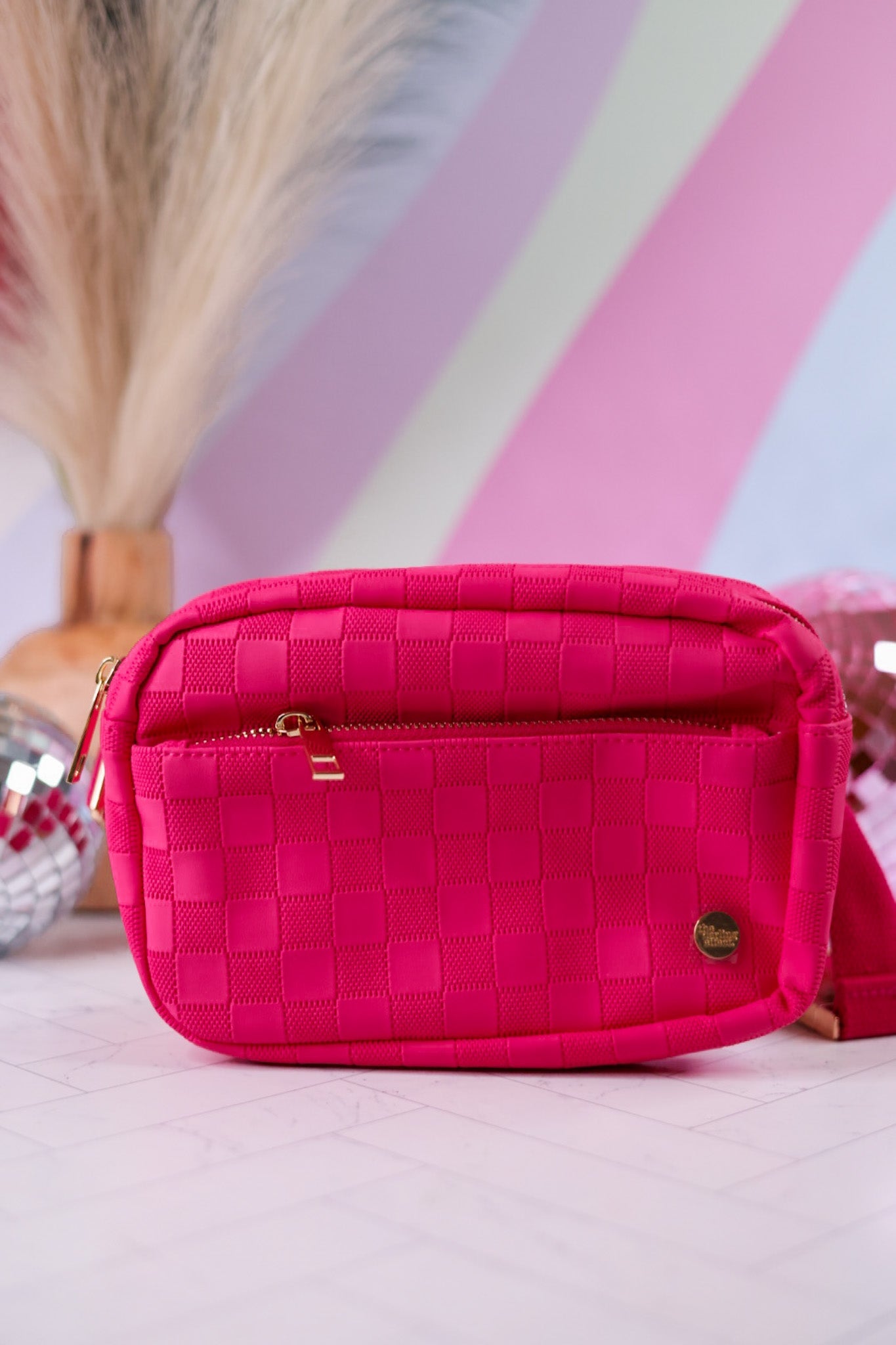 Hot Pink Checkered Belt Bag - Whiskey Skies - THE DARLING EFFECT