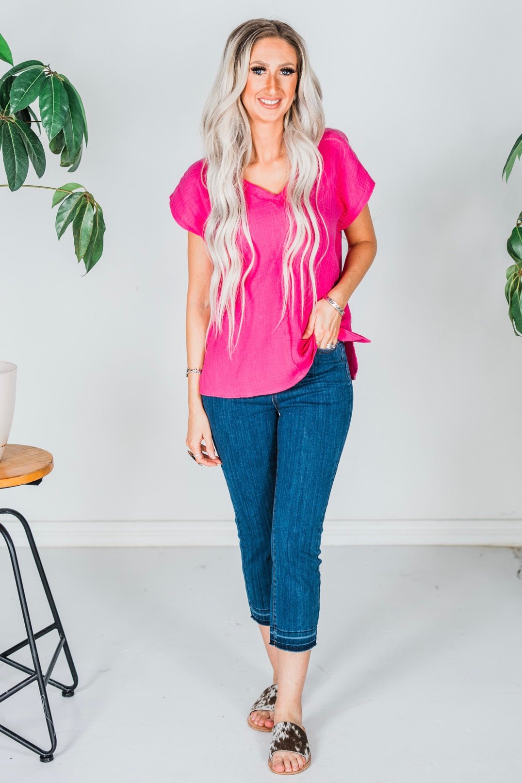 Hot Pink Cotton Gauze Top with Raw Edge Detailing - Whiskey Skies - ANDREE BY UNIT