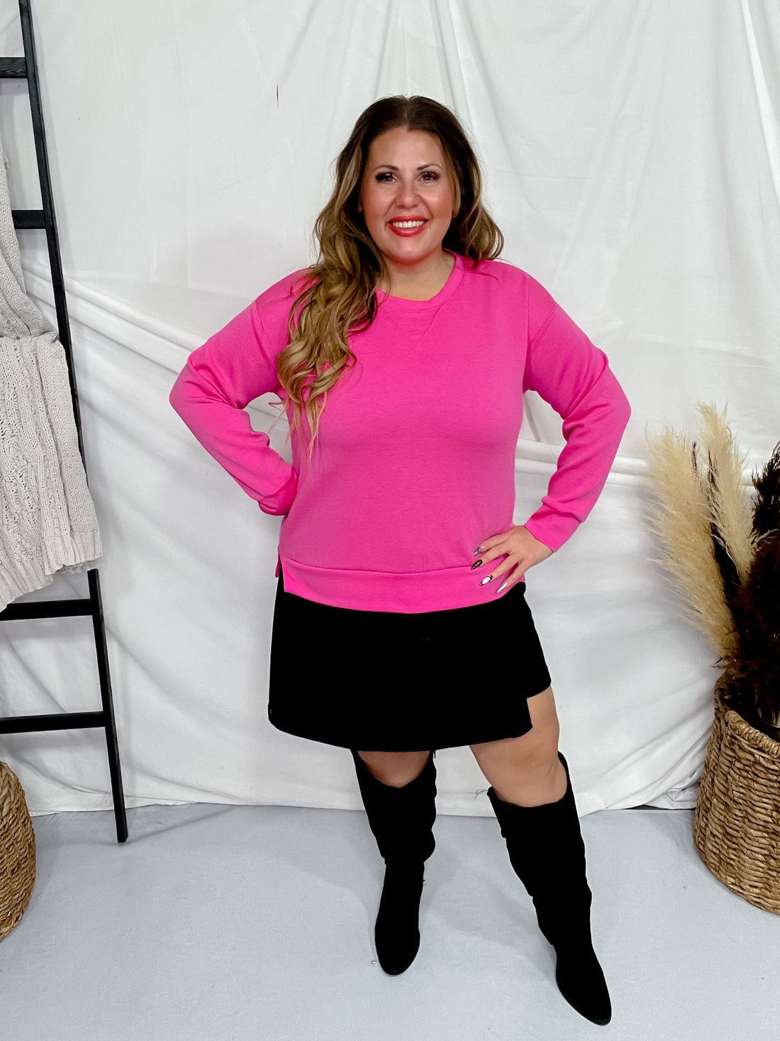 Hot Pink Long Sleeve Pullover - Whiskey Skies - DEAR SCARLETT