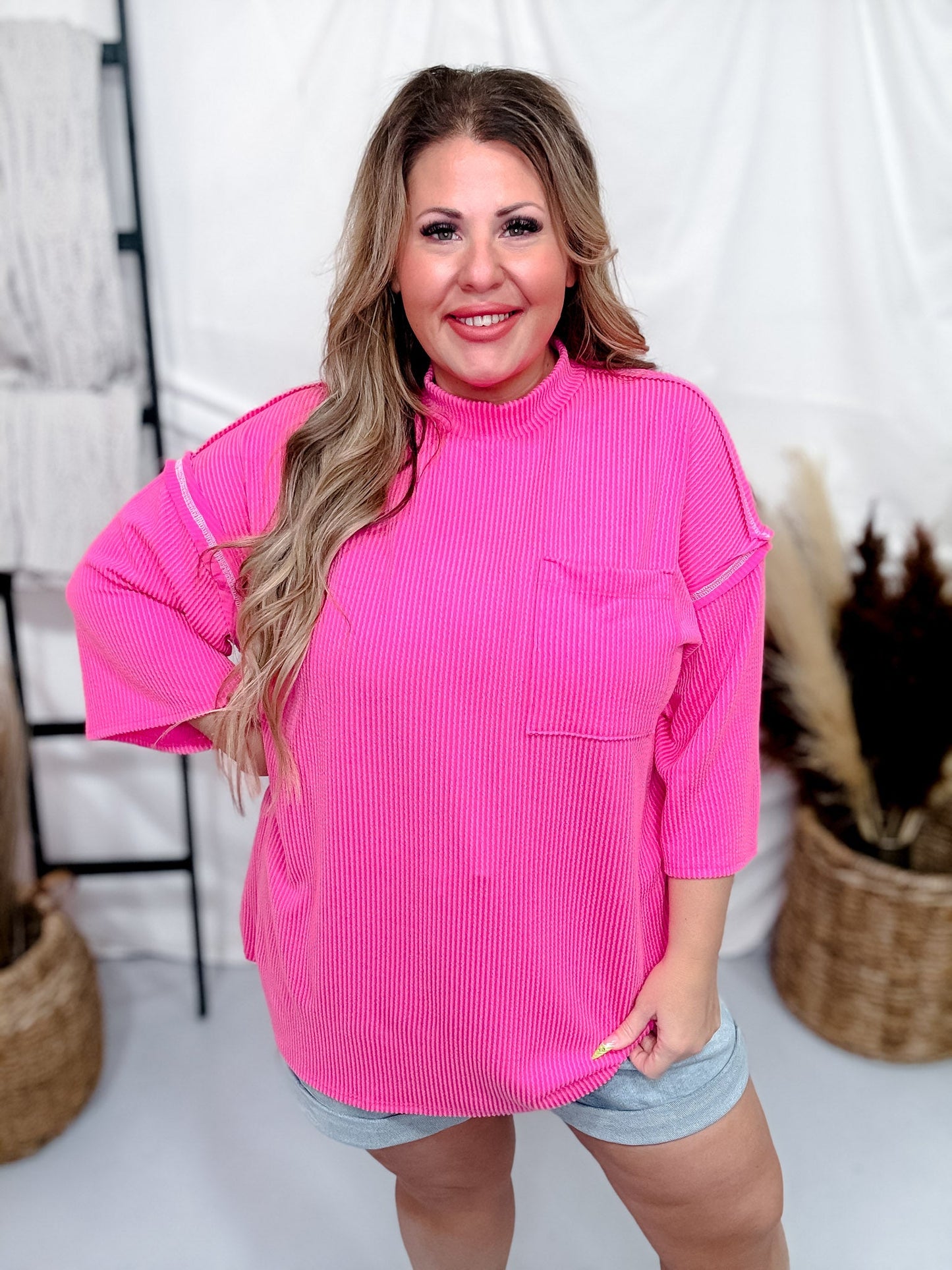 Hot Pink Reverse Stitch Front Pocket Top - Whiskey Skies - SEW IN LOVE