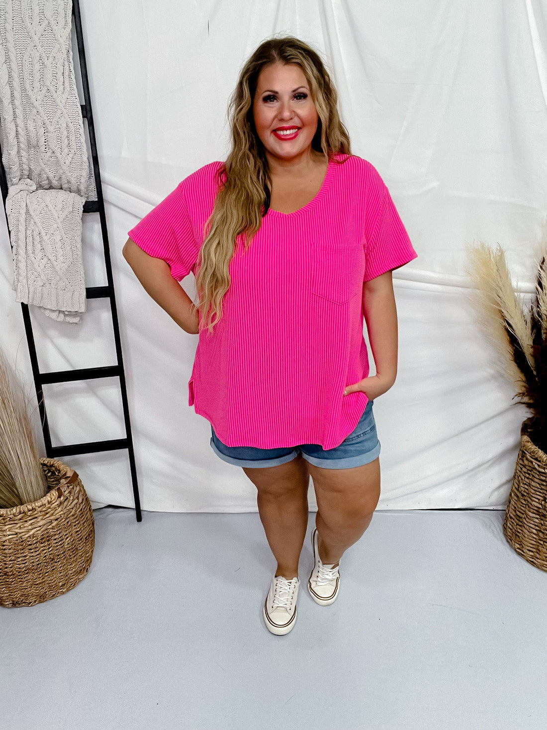 Hot Pink Ribbed Short Sleeve Tunic Top - Whiskey Skies - ANDREE BY UNIT