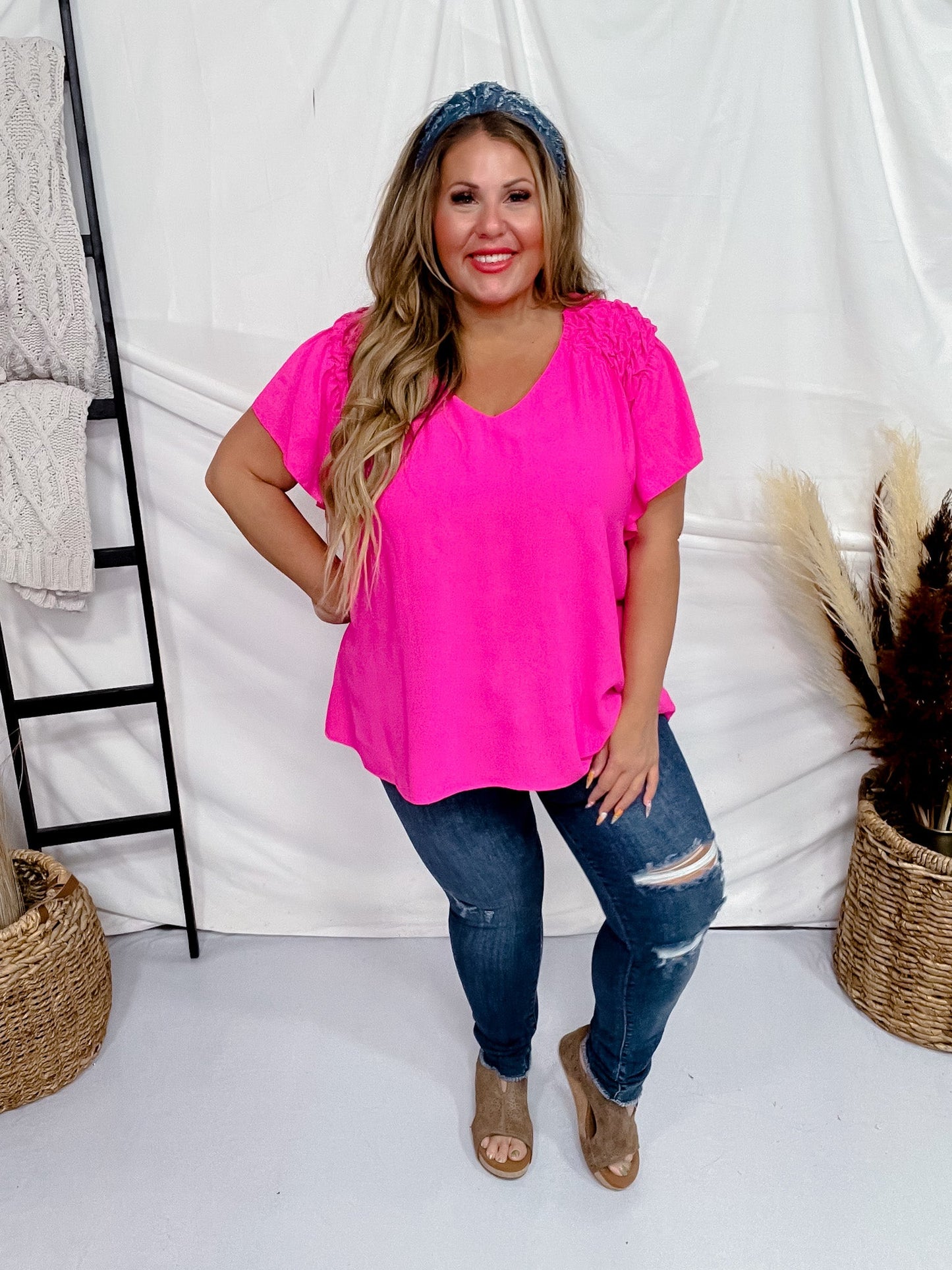 Hot Pink Ruffle Sleeve Smocked Shoulder Top - Whiskey Skies - ODDI