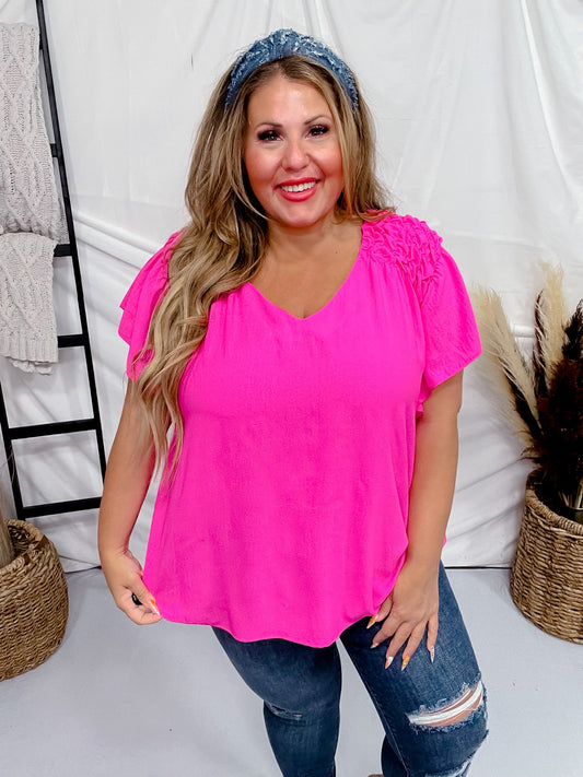 Hot Pink Ruffle Sleeve Smocked Shoulder Top - Whiskey Skies - ODDI