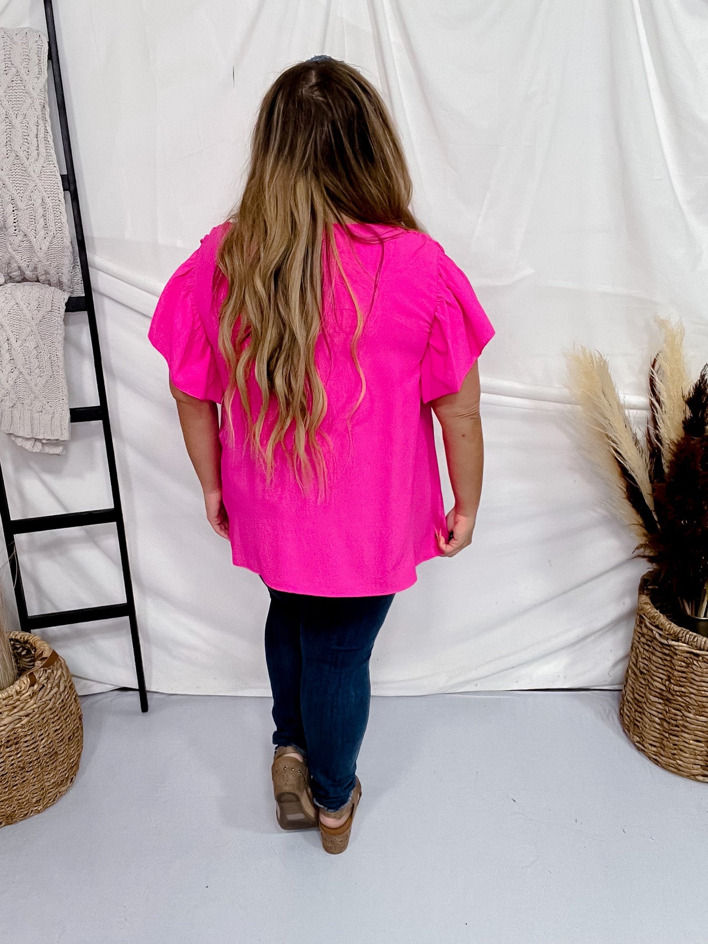 Hot Pink Ruffle Sleeve Smocked Shoulder Top - Whiskey Skies - ODDI