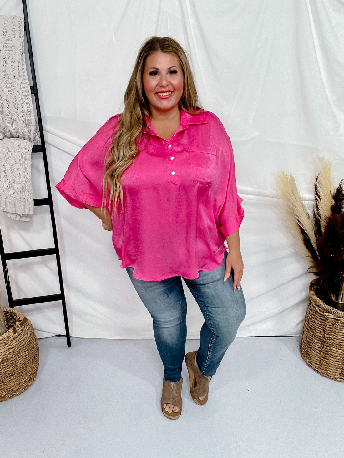 Hot Pink Satin Feel Oversized Top with Dolman Sleeves - Whiskey Skies - ANDREE BY UNIT