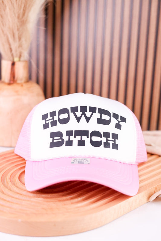 "Howdy Bitch" Baby Pink & White Snapback Trucker Hat - Whiskey Skies - TRASH FLOWERS TRUCKER HATS