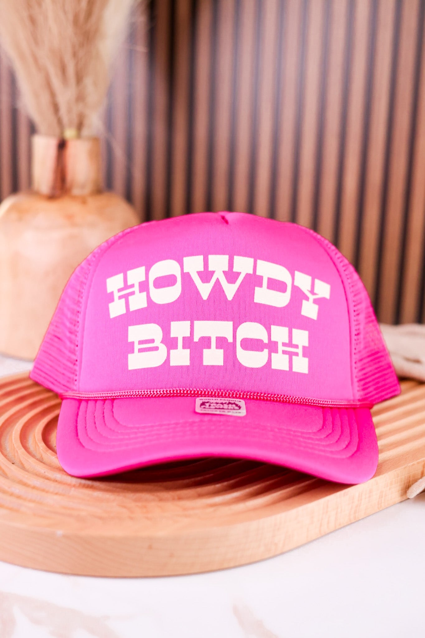 Howdy Bitch Bright Pink Snapback Trucker Hat - Whiskey Skies - TRASH FLOWERS TRUCKER HATS