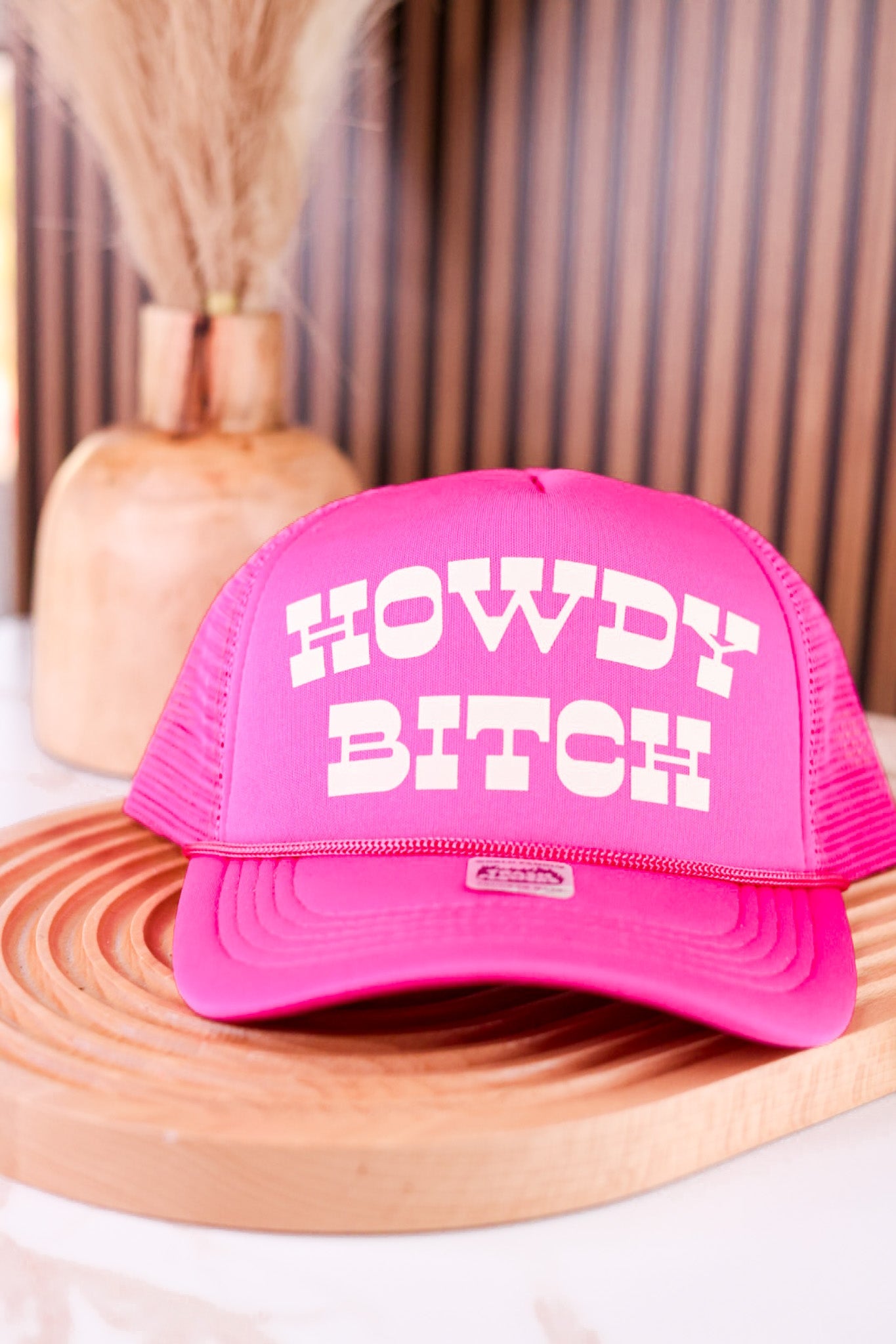 Howdy Bitch Bright Pink Snapback Trucker Hat - Whiskey Skies - TRASH FLOWERS TRUCKER HATS