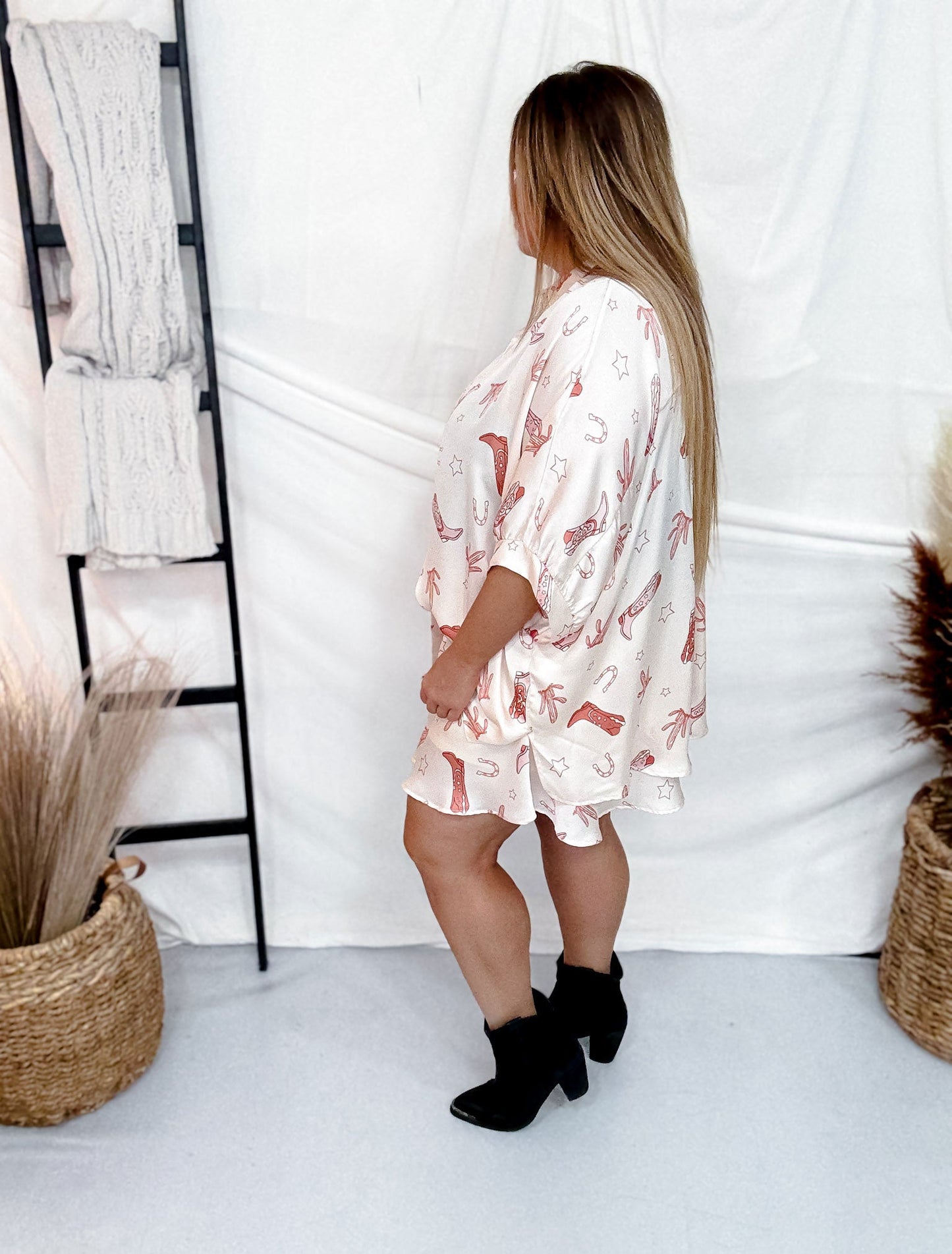 "Howdy Cowboy" Western Themed Short Sleeve Button Up Blouse - Whiskey Skies - ADRIENNE