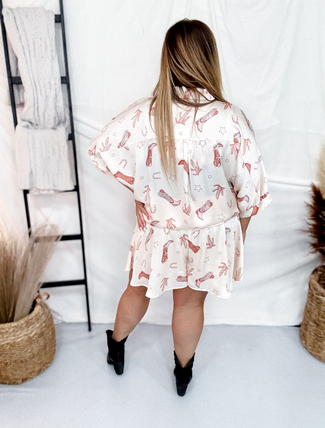 "Howdy Cowboy" Western Themed Short Sleeve Button Up Blouse - Whiskey Skies - ADRIENNE