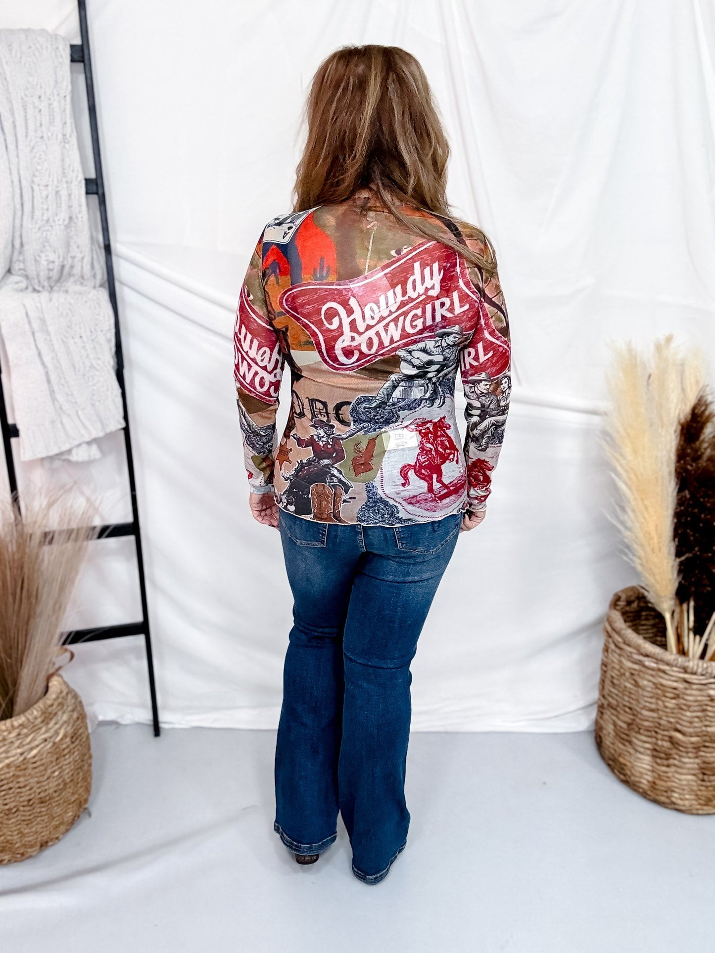 Howdy Cowgirl Long Sleeve Mesh Top - Whiskey Skies - DAVI & DANI