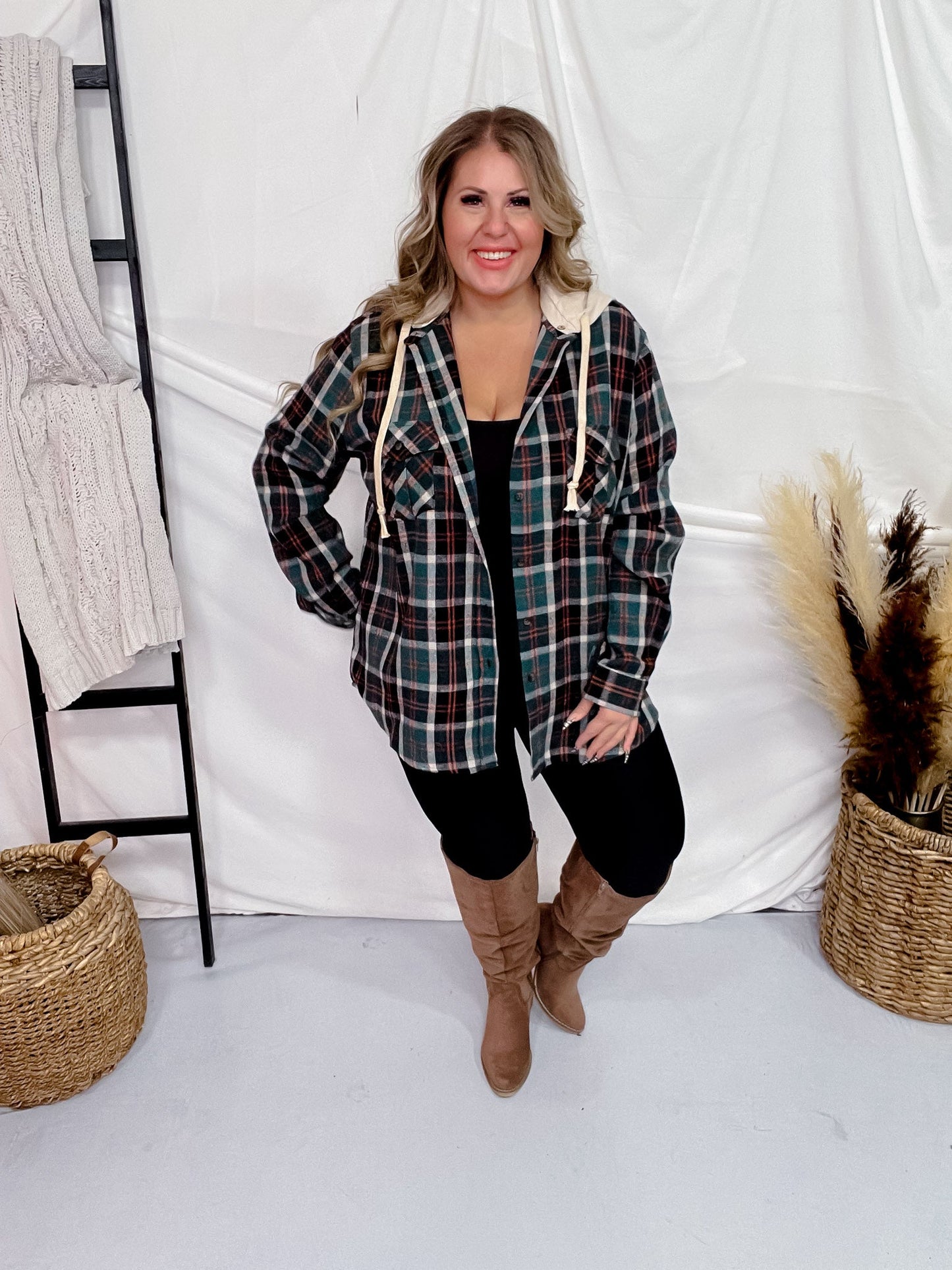 Hunter Green & Black Long Sleeve Hooded Plaid Shacket - Whiskey Skies - P.S. KATE