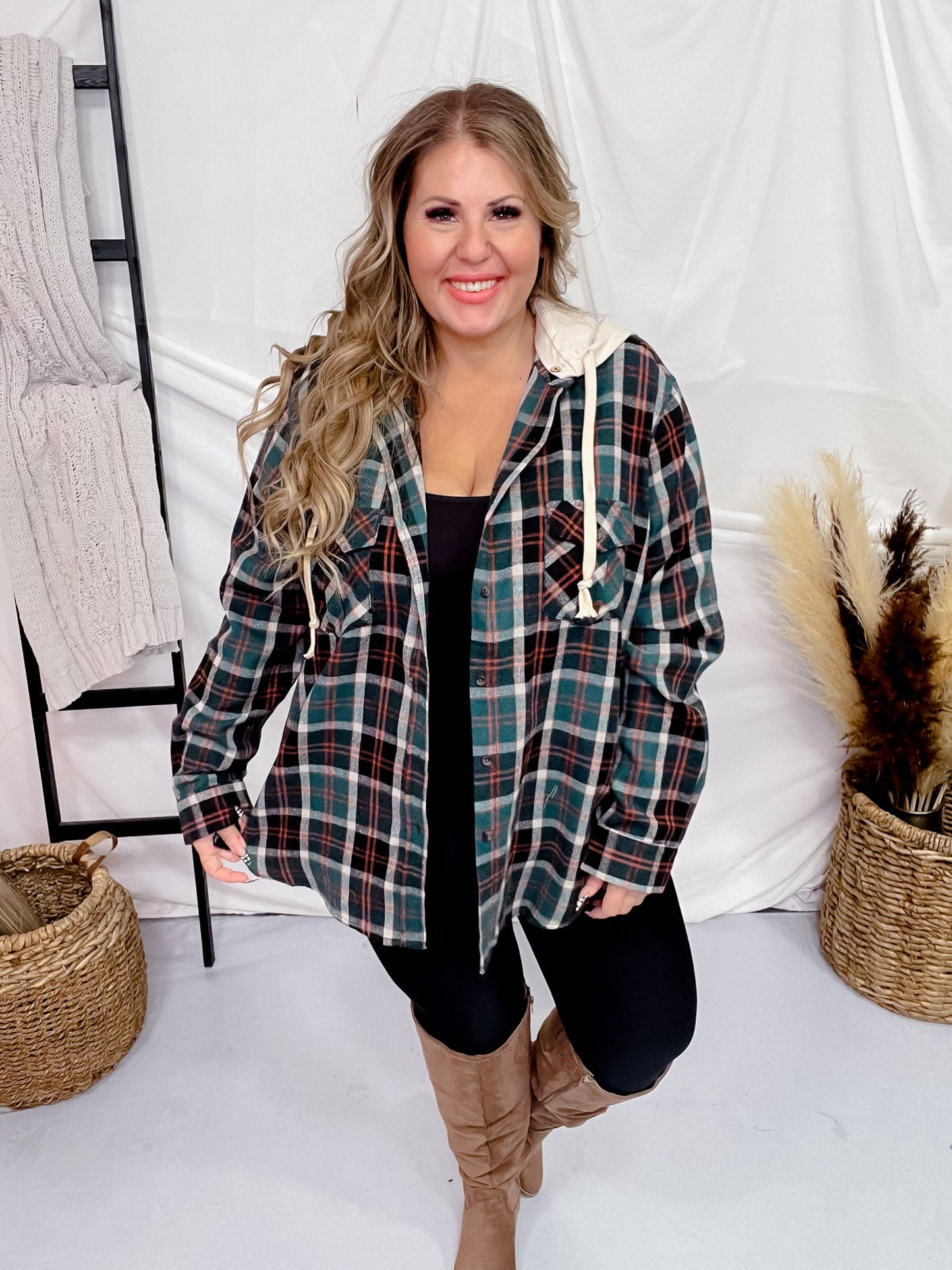 Hunter Green & Black Long Sleeve Hooded Plaid Shacket - Whiskey Skies - P.S. KATE