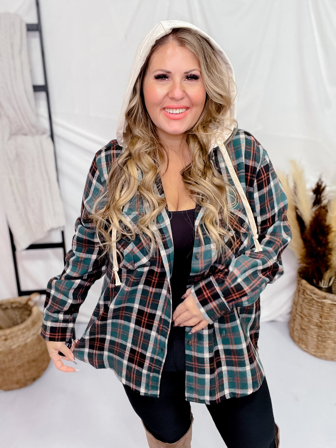 Hunter Green & Black Long Sleeve Hooded Plaid Shacket - Whiskey Skies - P.S. KATE