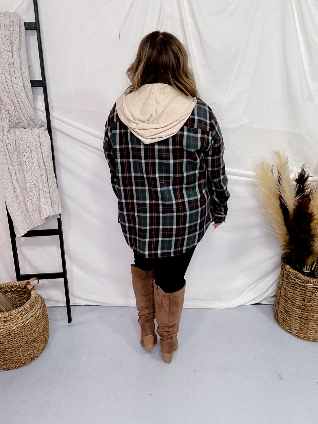 Hunter Green & Black Long Sleeve Hooded Plaid Shacket - Whiskey Skies - P.S. KATE