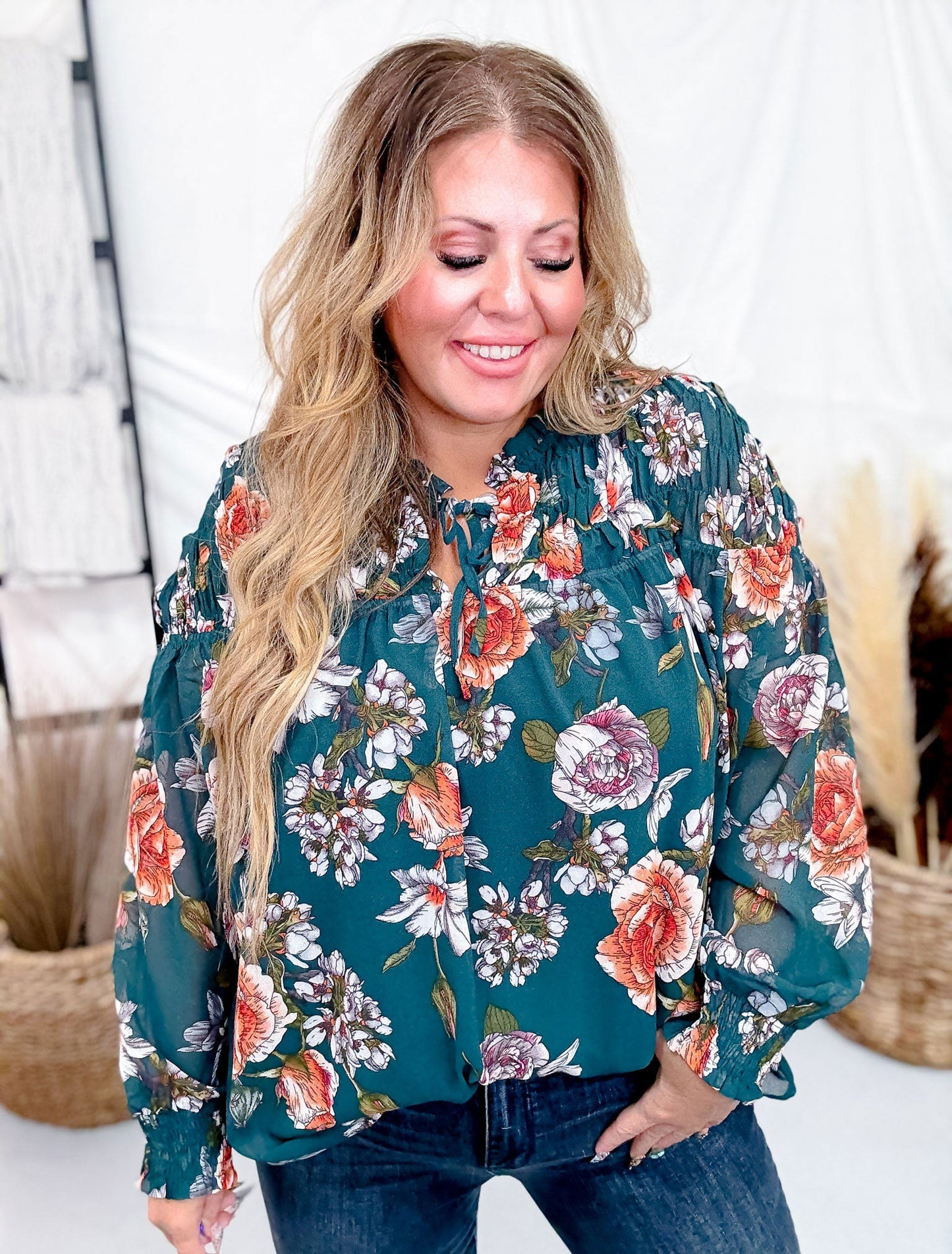 Hunter Green Floral Print Smocked Tie Front Top - Whiskey Skies - HAYDEN