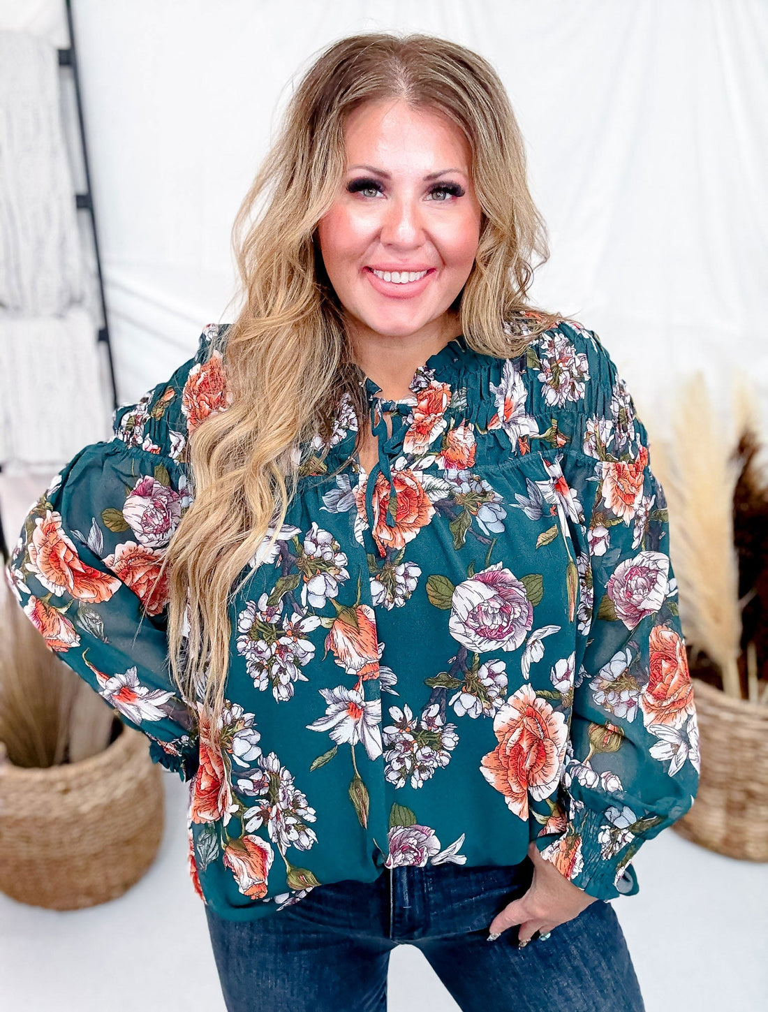 Hunter Green Floral Print Smocked Tie Front Top - Whiskey Skies - HAYDEN