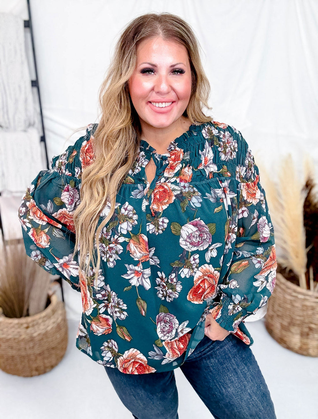 Hunter Green Floral Print Smocked Tie Front Top - Whiskey Skies - HAYDEN