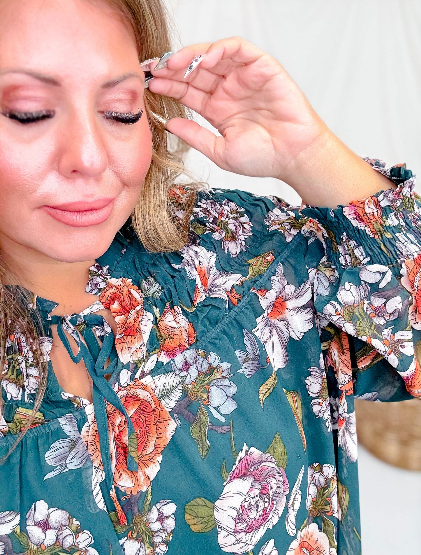 Hunter Green Floral Print Smocked Tie Front Top - Whiskey Skies - HAYDEN