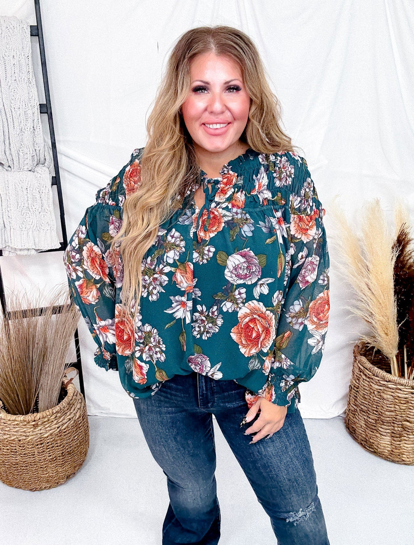 Hunter Green Floral Print Smocked Tie Front Top - Whiskey Skies - HAYDEN