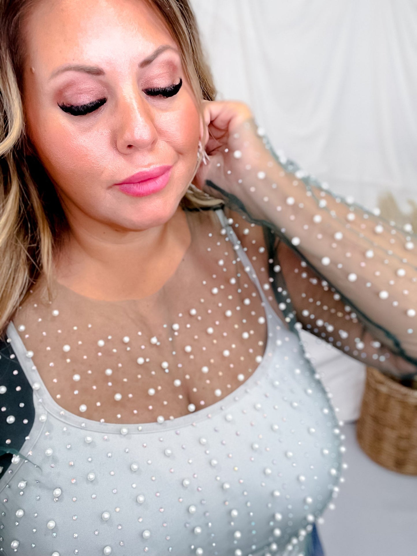 Hunter Green Pearl Covered Mesh Top - Whiskey Skies - WHITE BIRCH